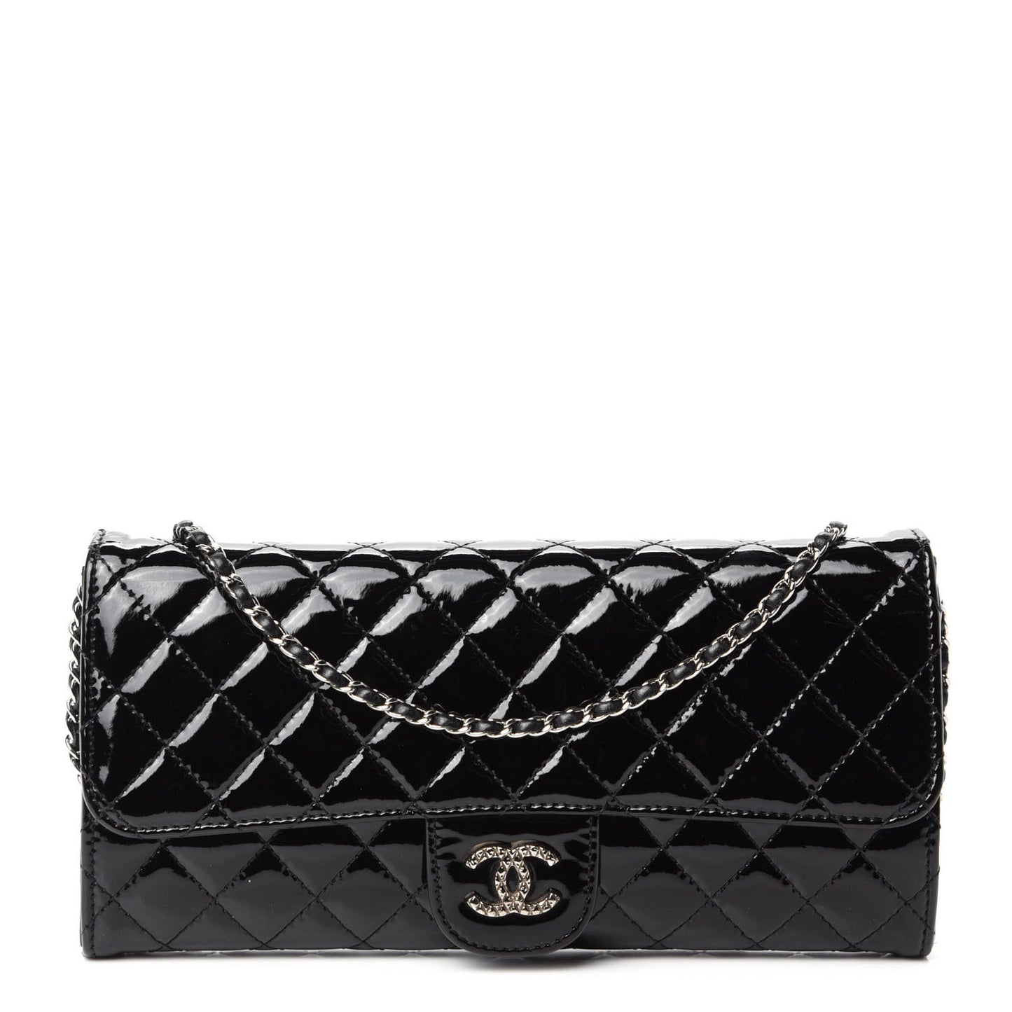 Patent Calfskin Quilted Brilliant East West Flap Clutch Black