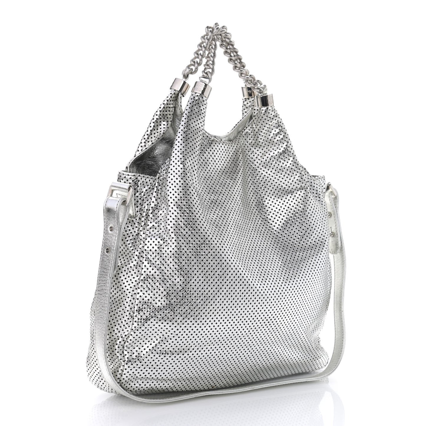 Metallic Glazed Calfskin Perforated Medium Rodeo Drive Tote Silver