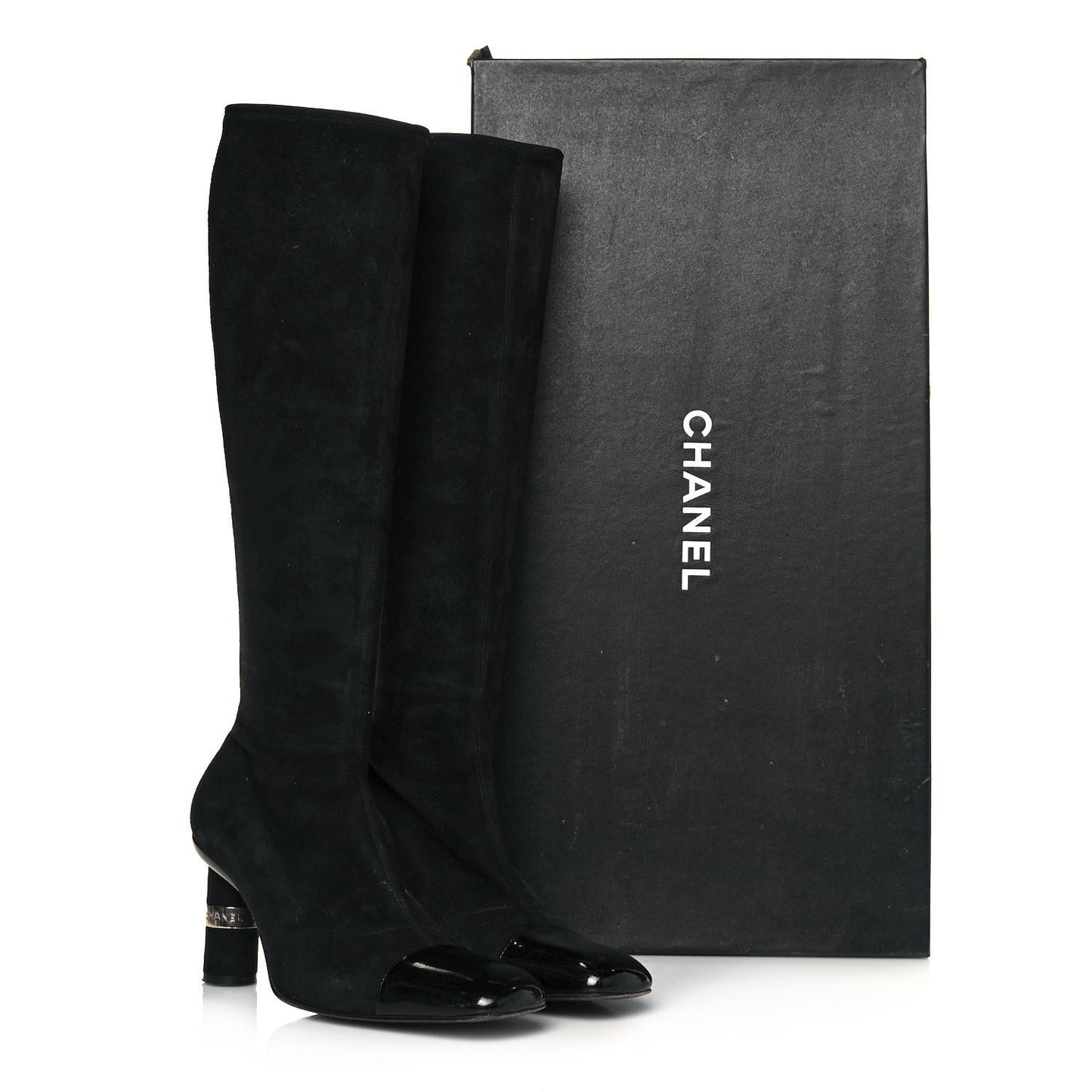 Suede Calfskin Patent CC Cap Toe Knee High Boots 39.5 Black
