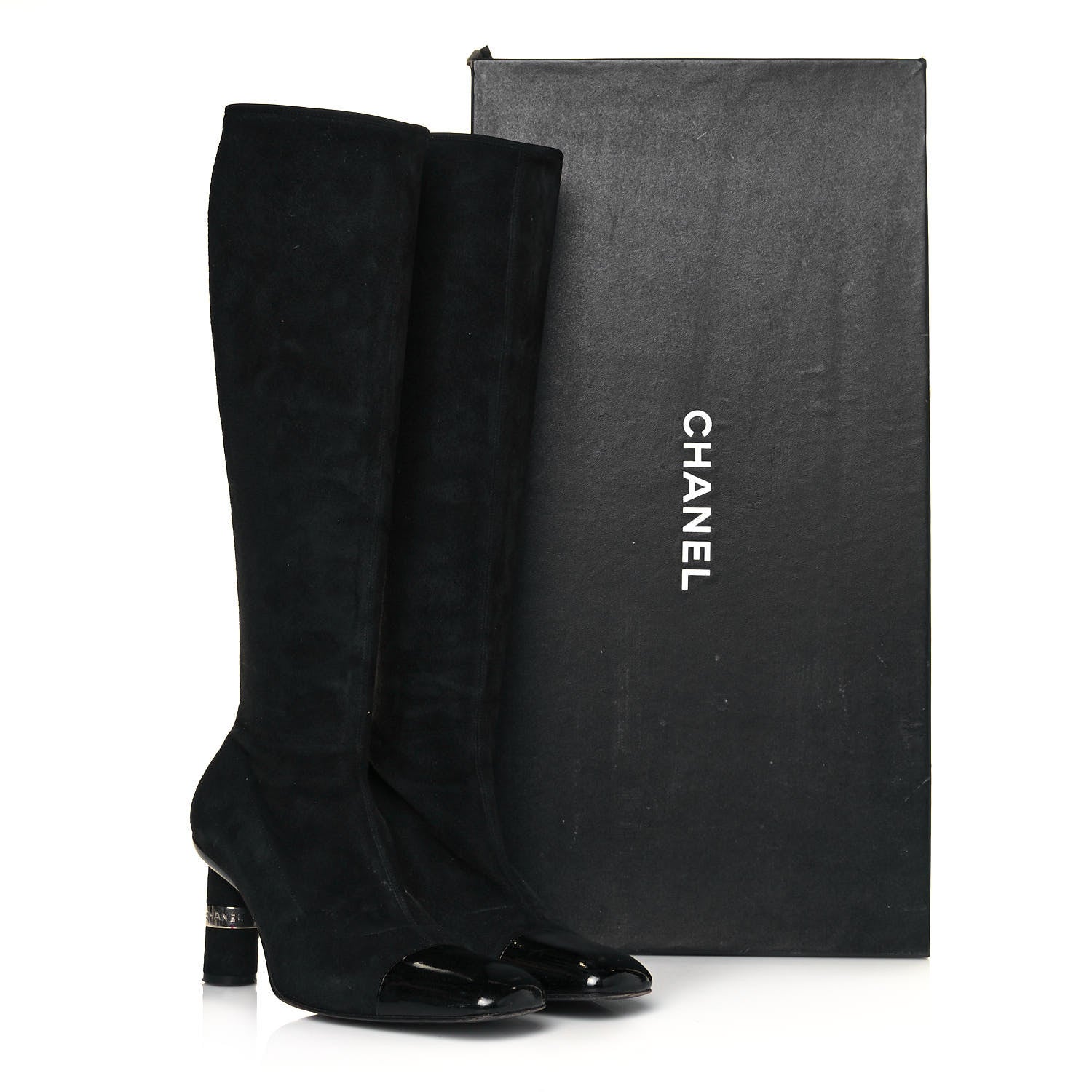 Chanel Suede Calfskin Patent CC Cap Toe Knee High Boots 39.5 Black 8 of 8