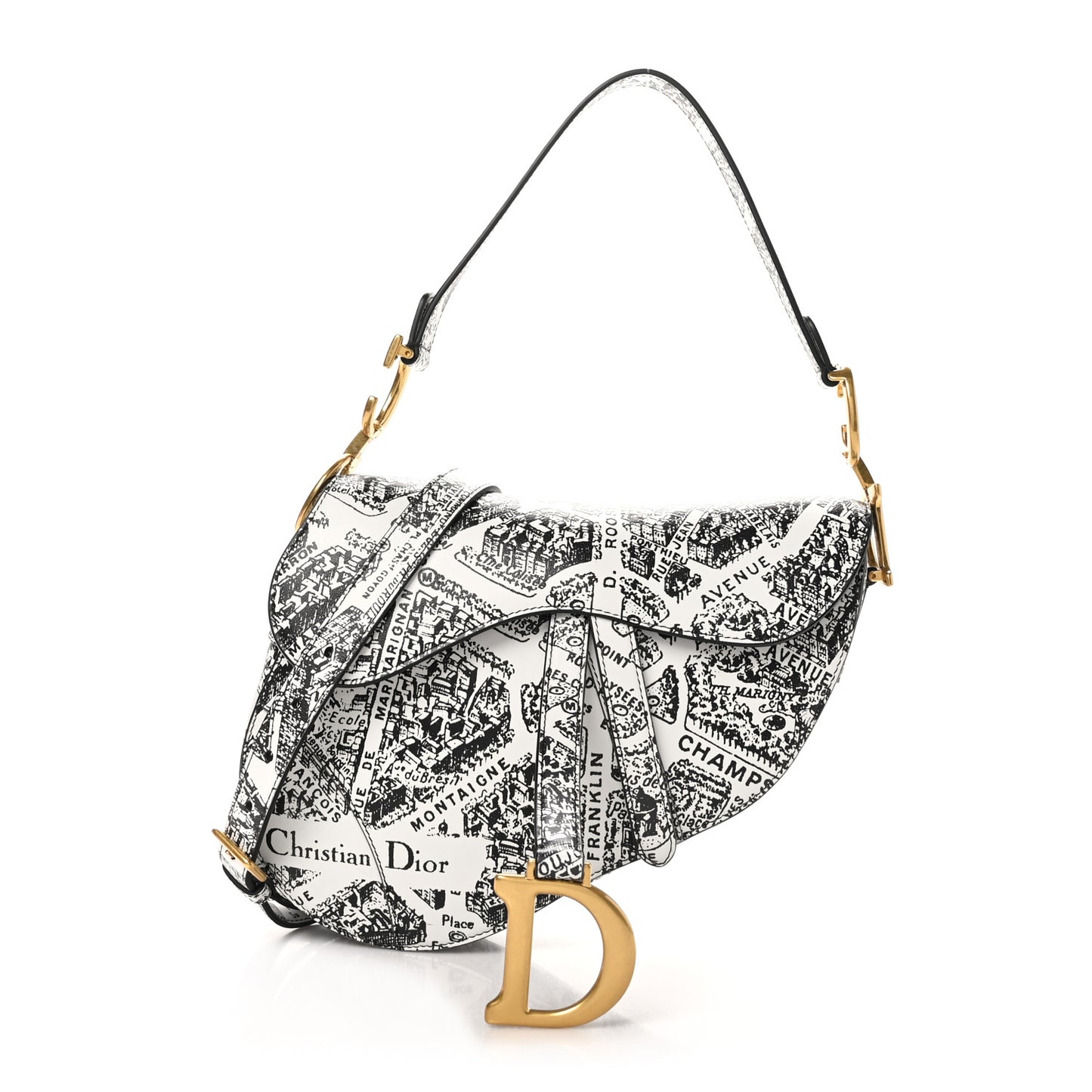 Calfskin Plan De Paris Printed Saddle Bag With Strap White Black