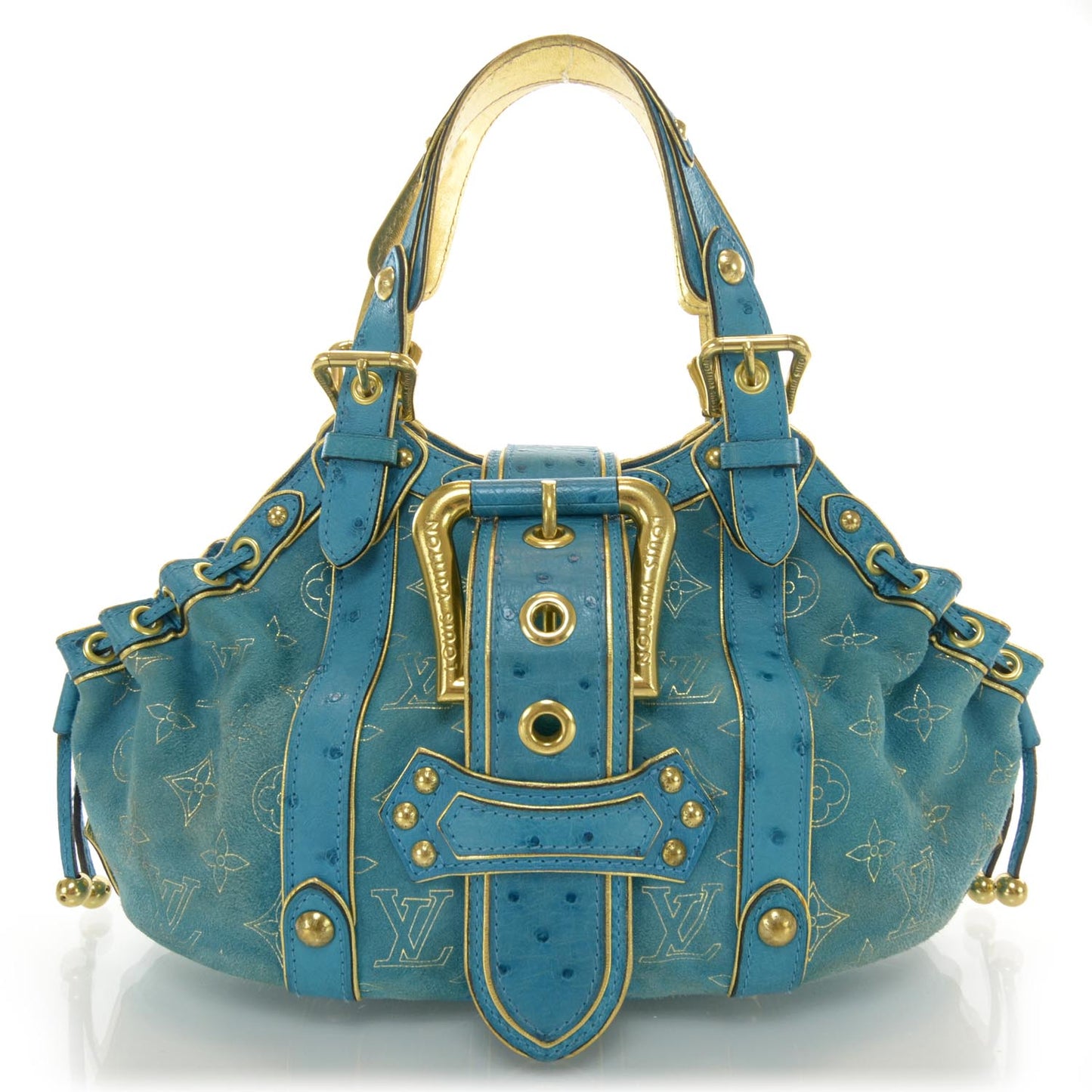 Monogram Suede Ostrich Theda GM Turquoise