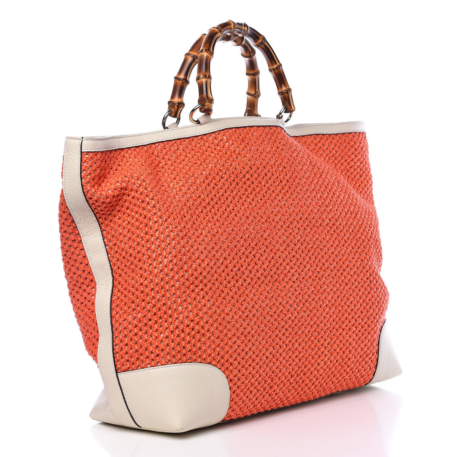 Gucci Straw Calfskin Bamboo Shopper Tote Orange 3 of 11