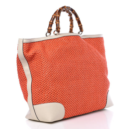 Gucci Straw Calfskin Bamboo Shopper Tote Orange 3 of 11