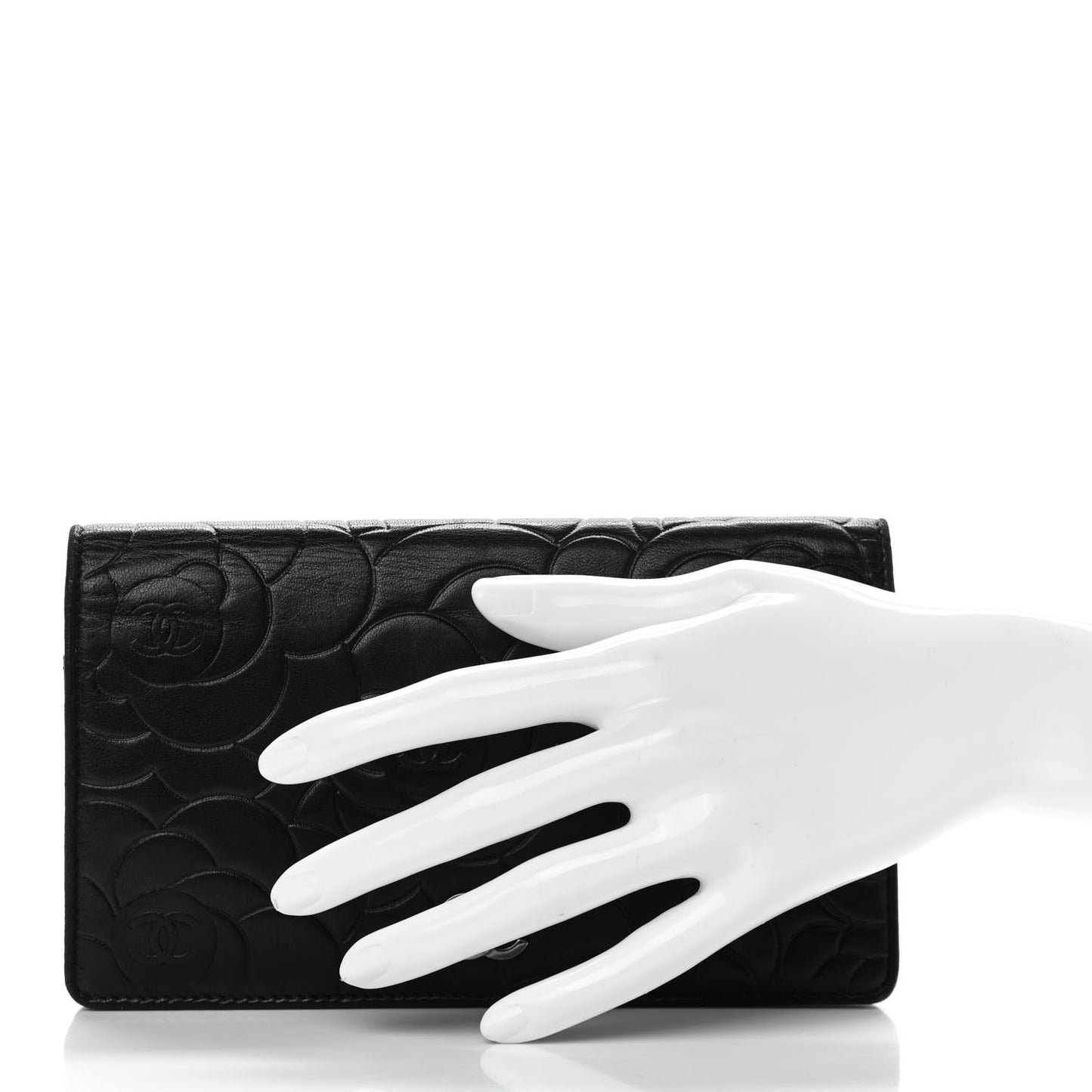 Lambskin Camellia Embossed Yen Wallet Black
