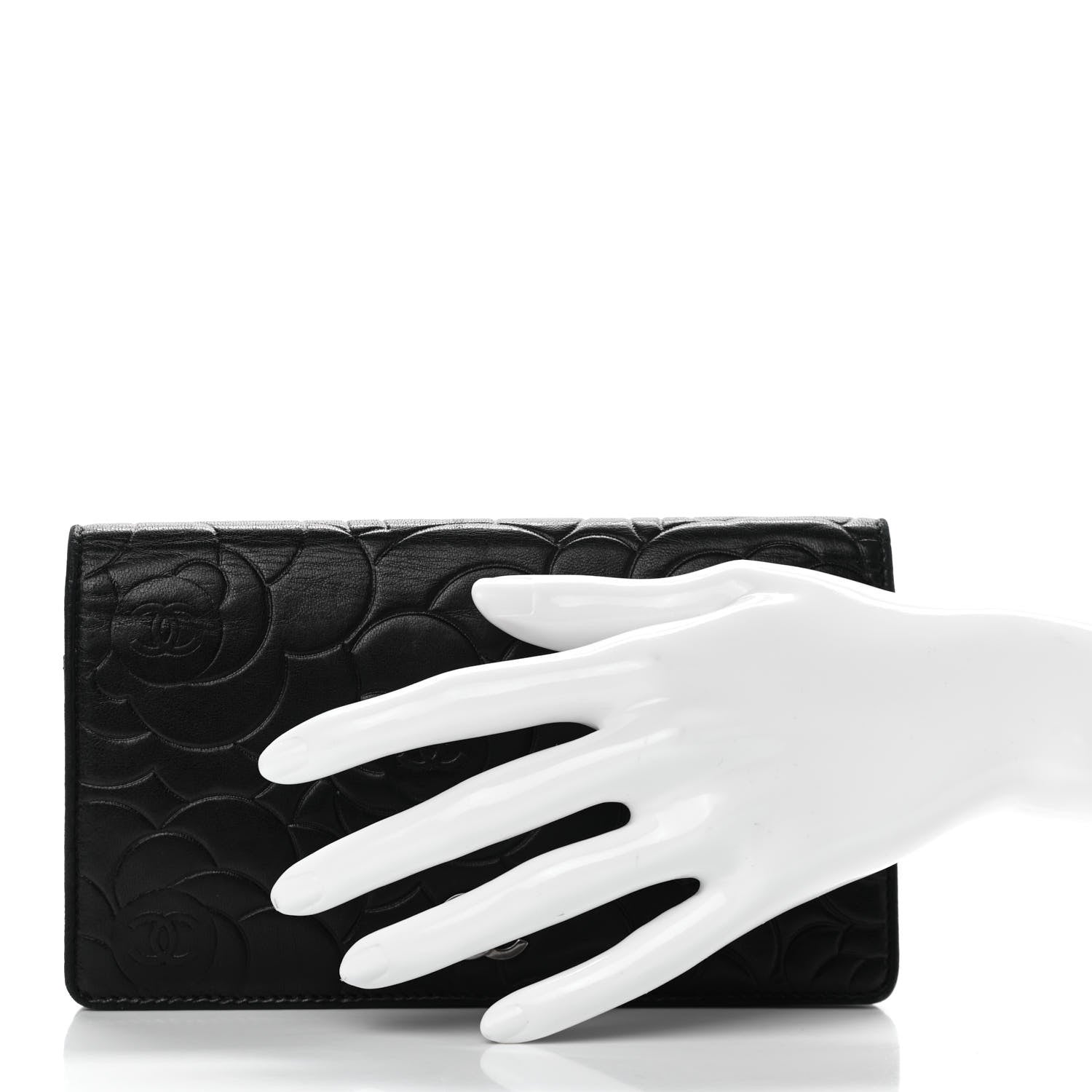 Chanel Lambskin Camellia Embossed Yen Wallet Black 2 of 11