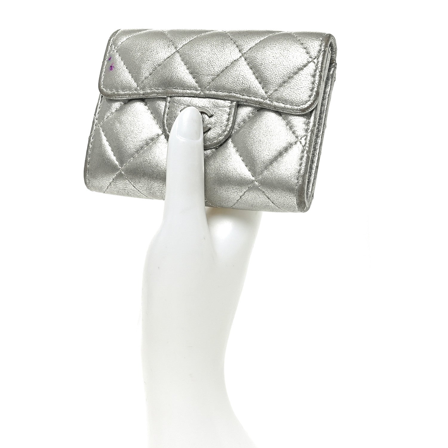 Chanel Metallic Lambskin Quilted Flap Card Holder Wallet Silver 2 of 11