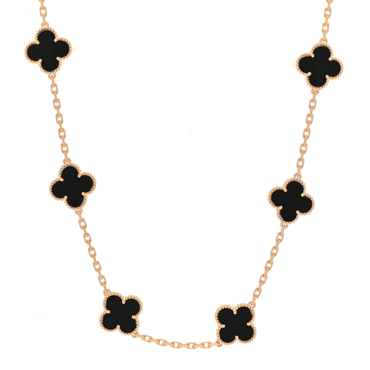 18K Yellow Gold Black Onyx 10 Motifs Vintage Alhambra Necklace