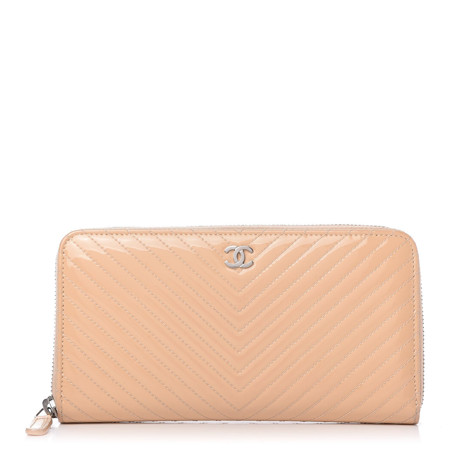 Chanel Patent Chevron Quilted Zip Around Wallet Beige 1 of 12