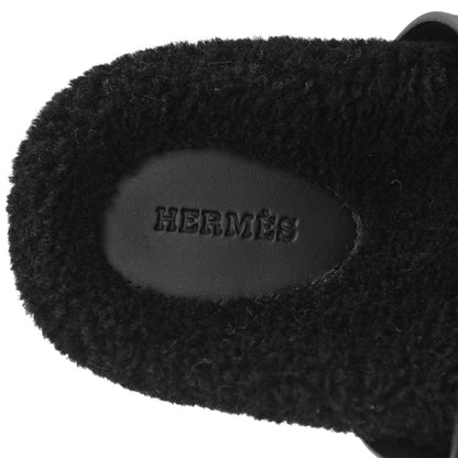 Hermes Calfskin Woolskin Womens Chypre Sandals 39 Black 7 of 8