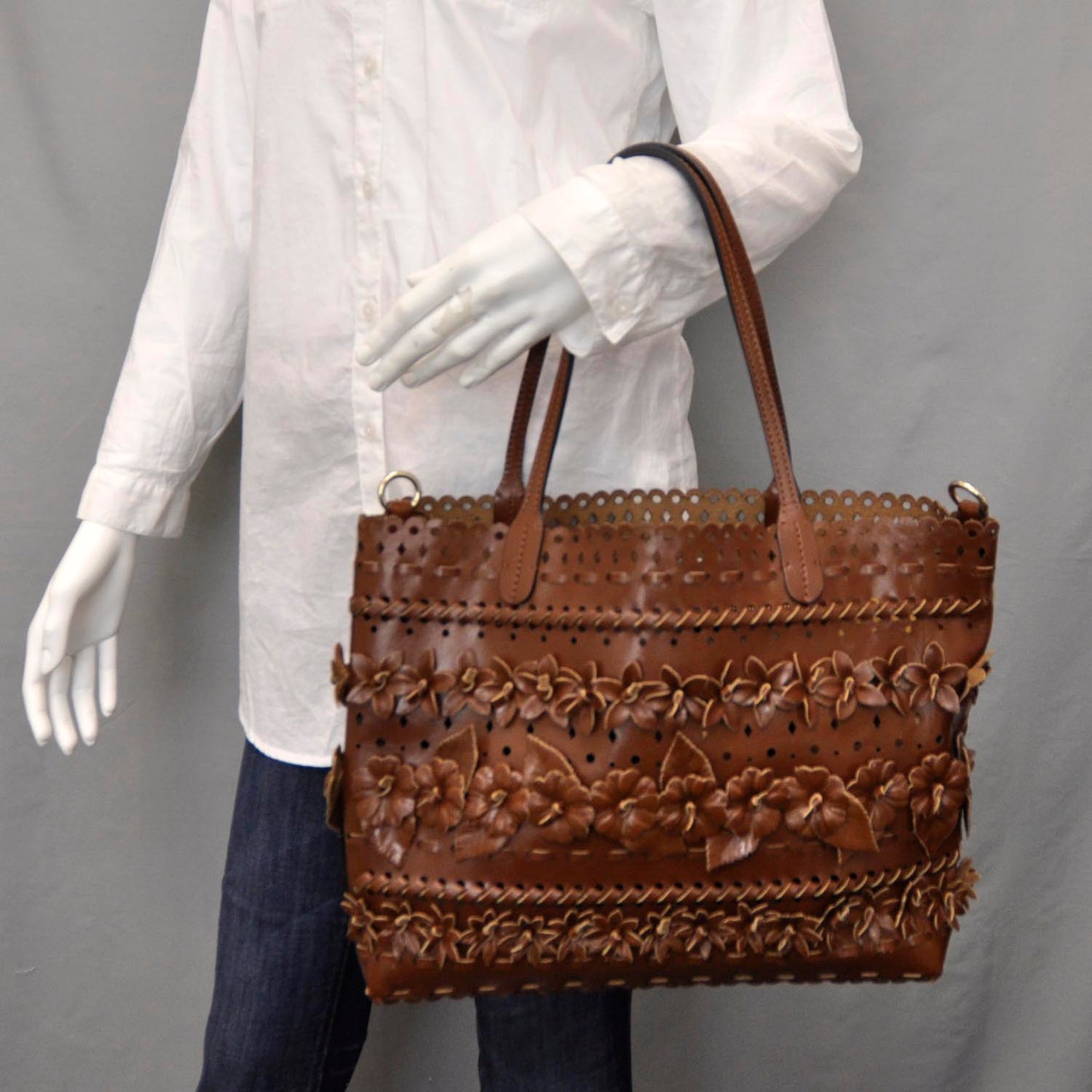 Calfskin Punched Lace Floral Tote Cognac