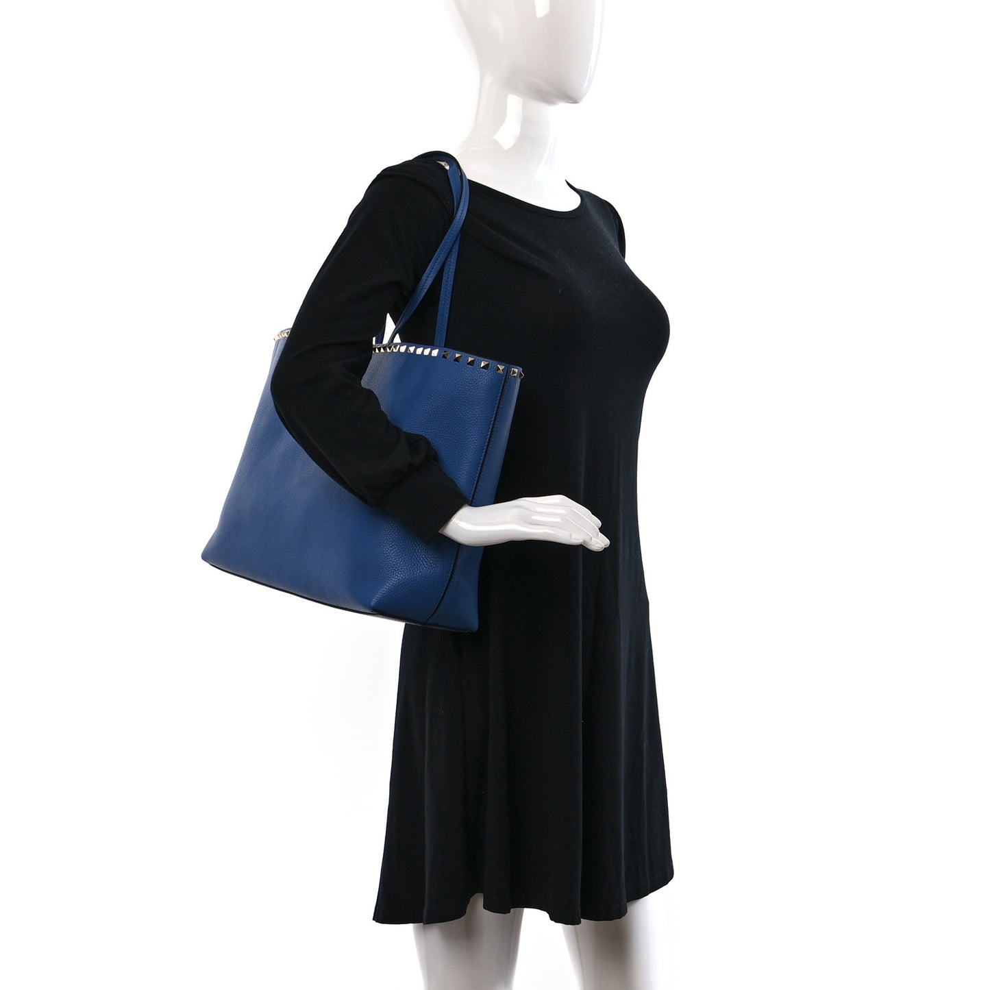 Grained Calfskin Rockstud Shoulder Tote Baltique