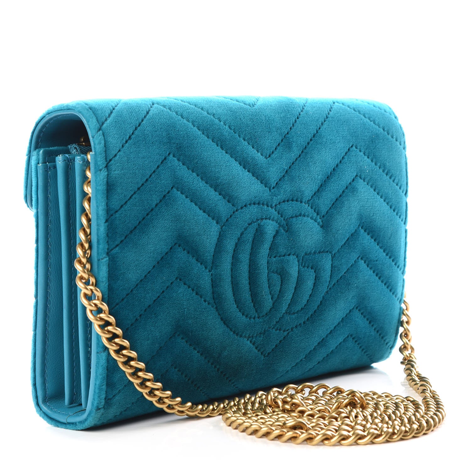 Gucci Velvet Matelasse GG Marmont Chain Wallet Pavone Cyan 2 of 8