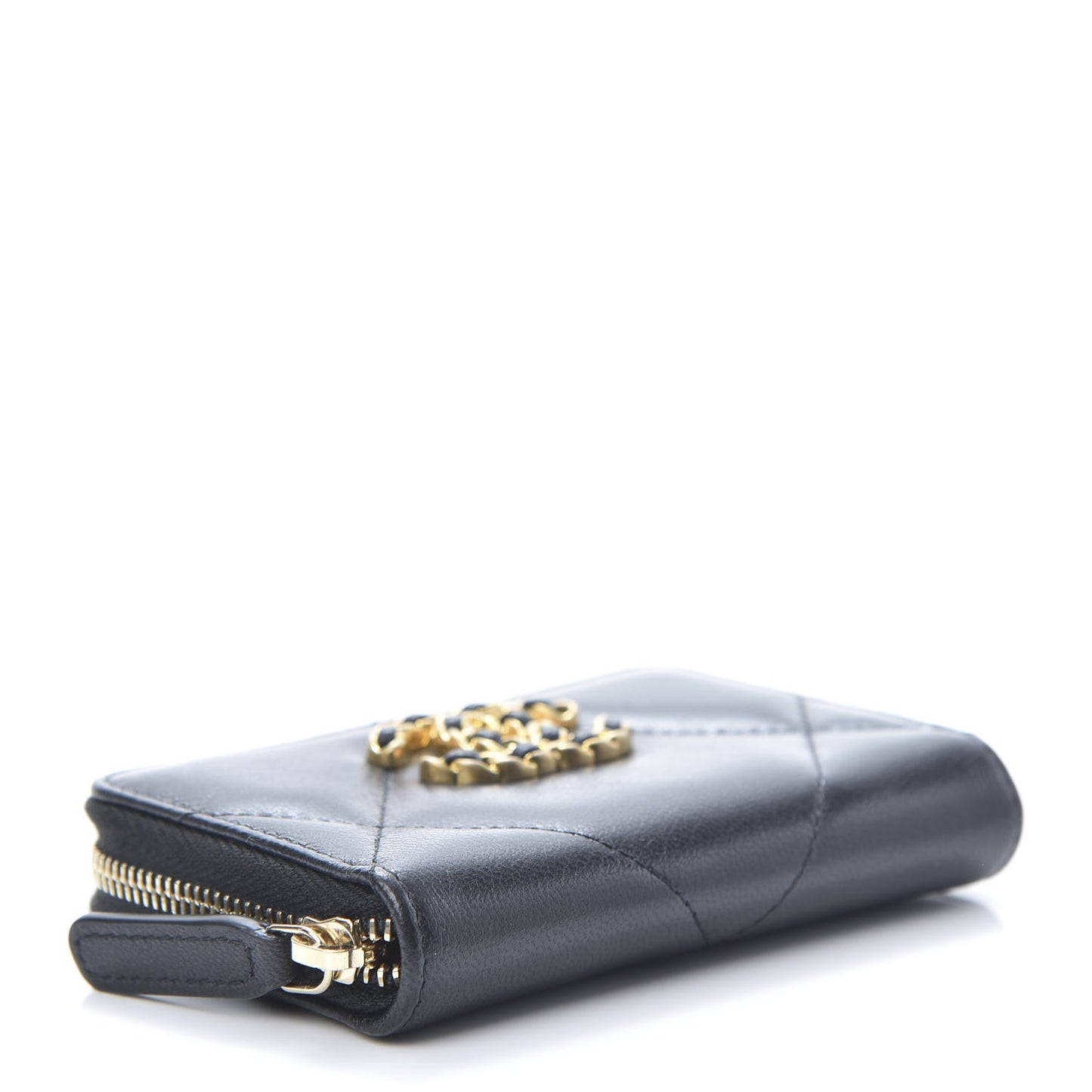 Shiny Goatskin Quilted Chanel 19 Zip Around Coin Purse Wallet Black