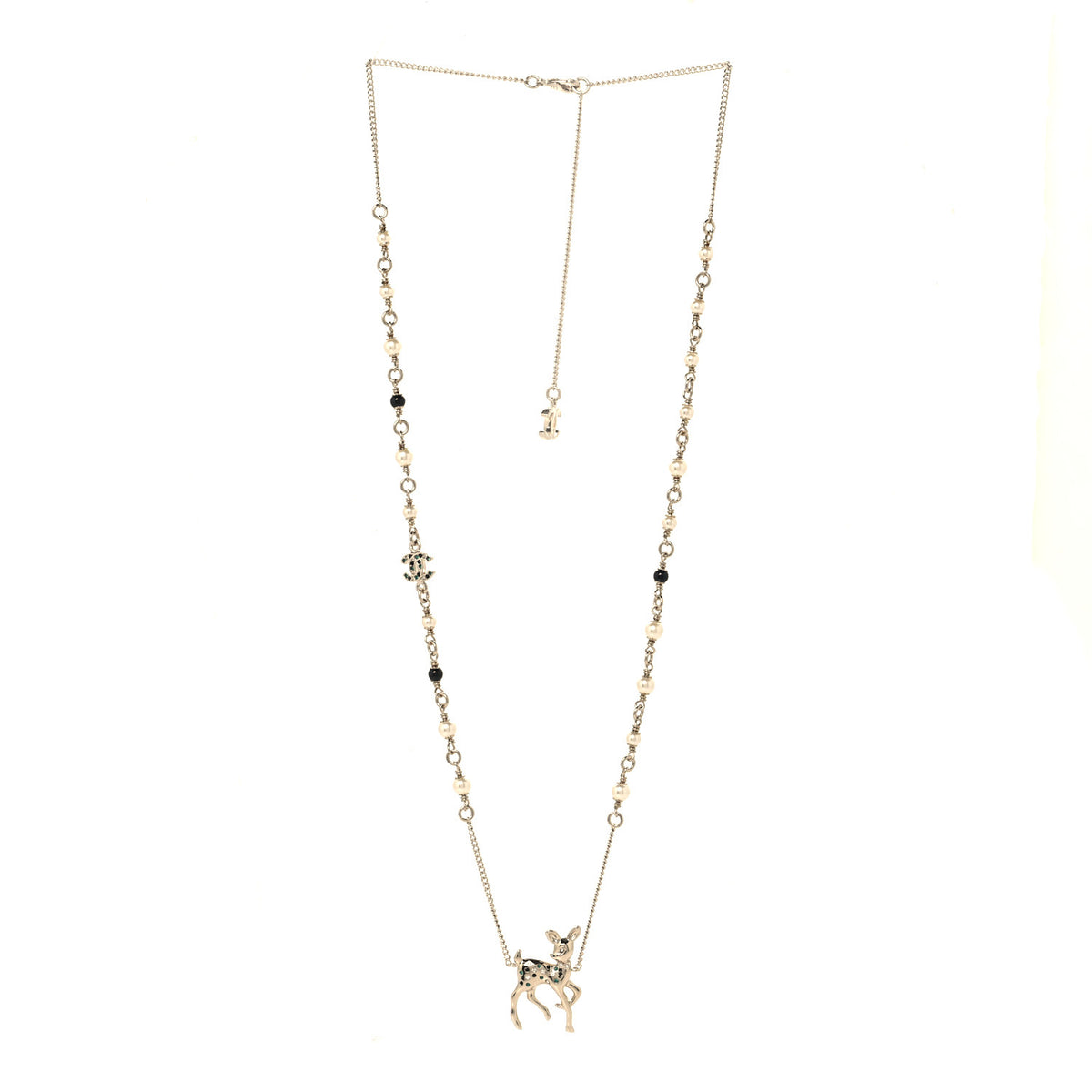 Chanel Metal Crystal Pearl Deer Pendant Necklace Green Black Gold 3 of 5