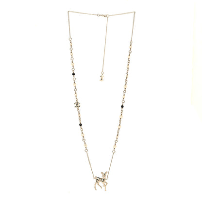 Chanel Metal Crystal Pearl Deer Pendant Necklace Green Black Gold 3 of 5
