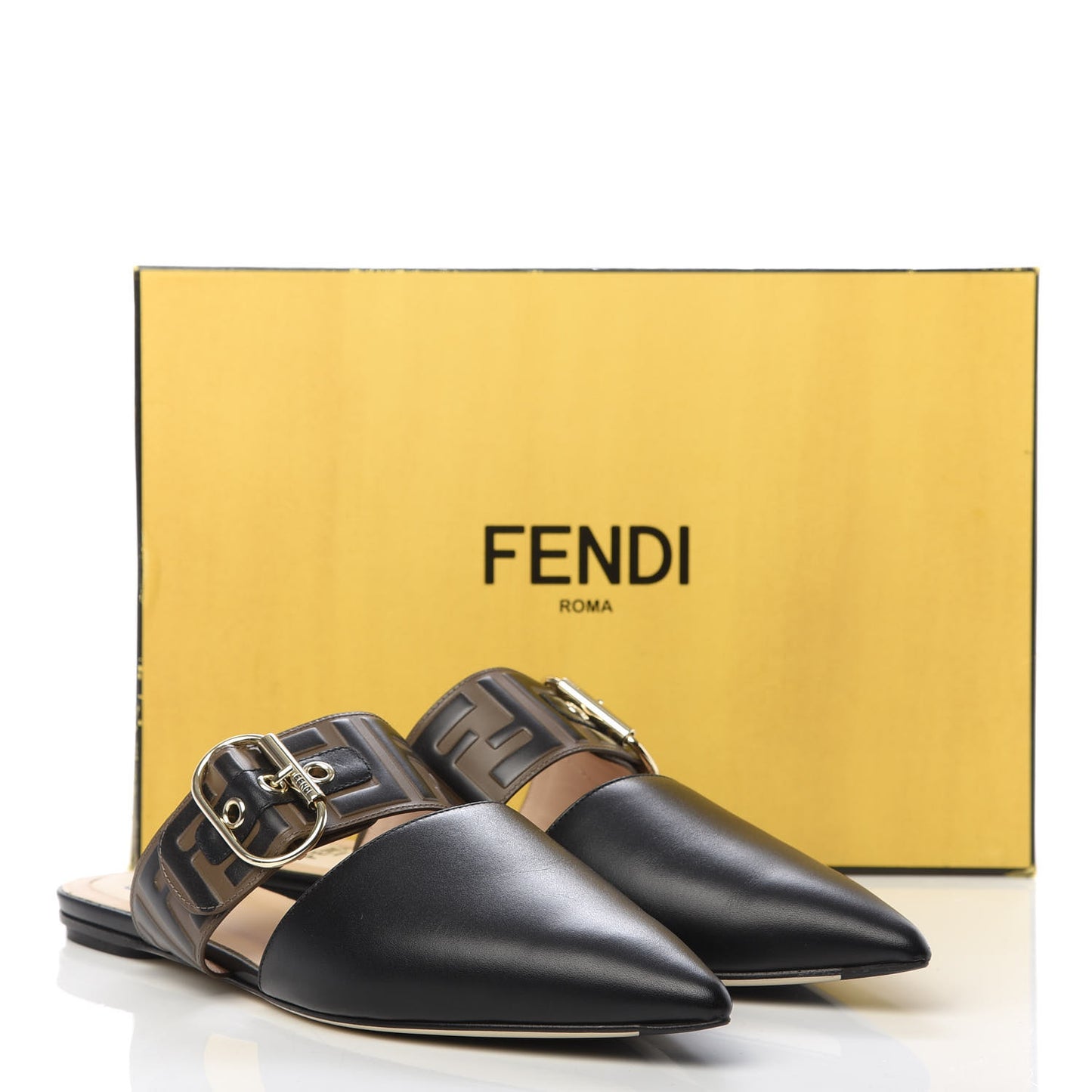 Vitello FF Embossed Buckle Flat Mules 38.5 Maya Black