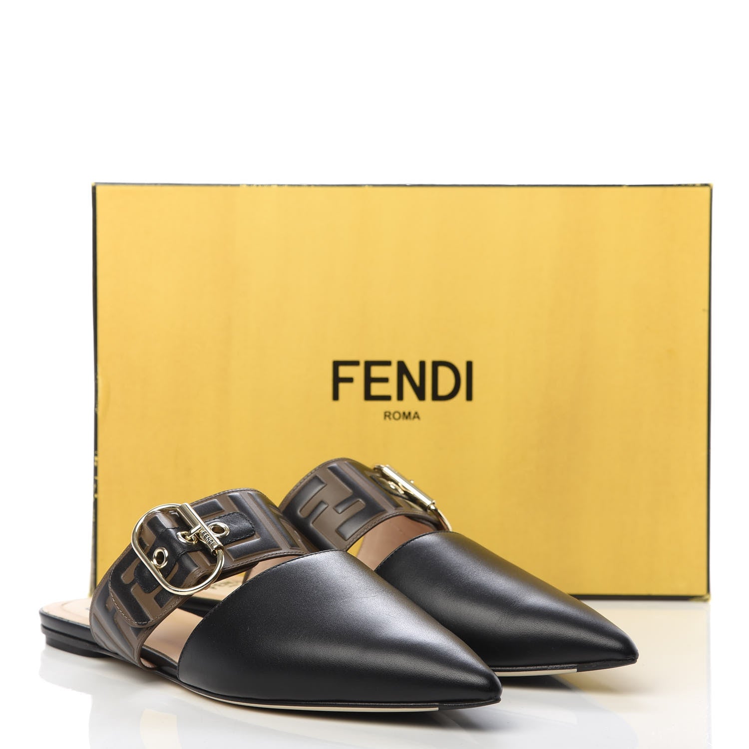 Fendi Vitello FF Embossed Buckle Flat Mules 38.5 Maya Black 8 of 8
