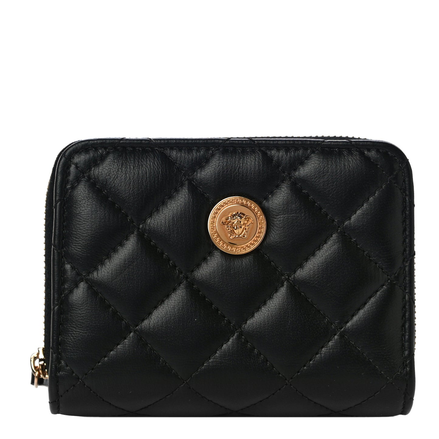 Nappa Quilted Medusa Compact Zip Around Wallet Black