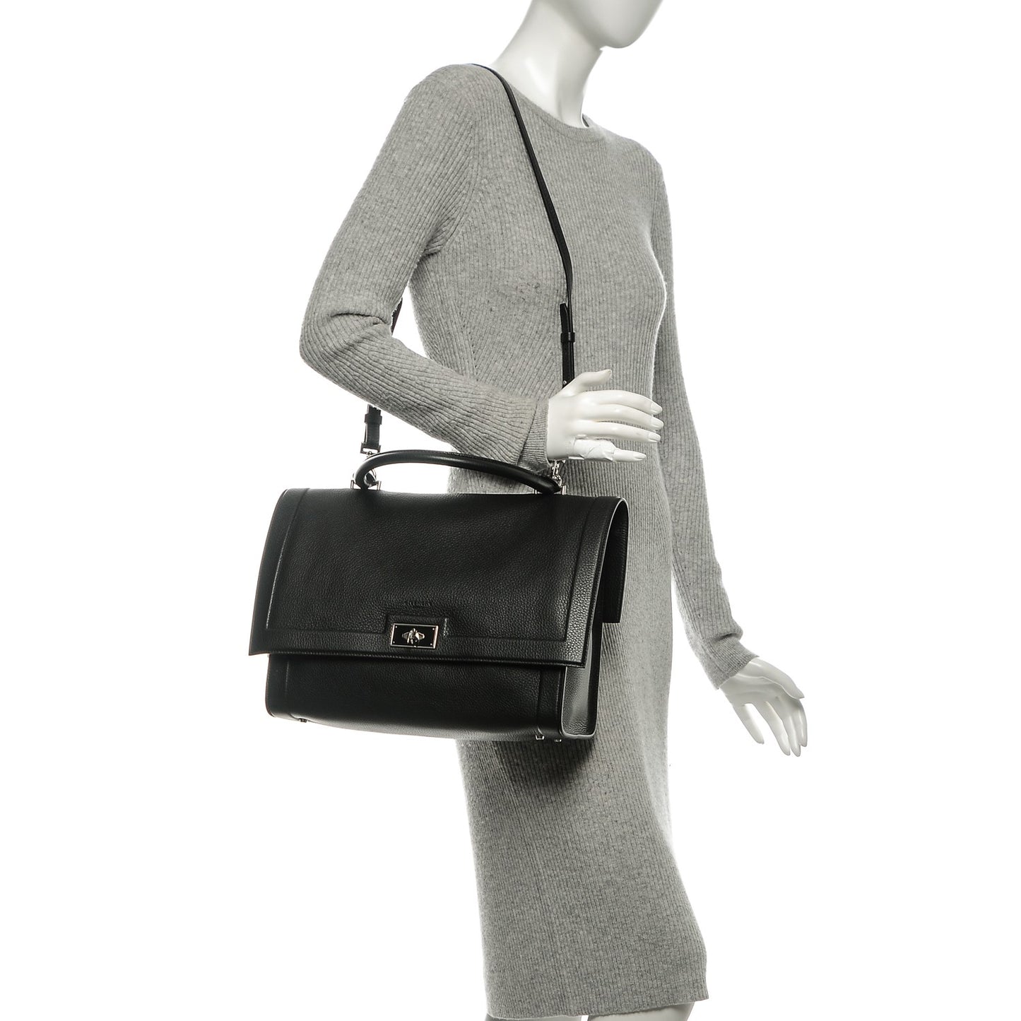 Grained Calfskin Medium Shark Lock Satchel Black