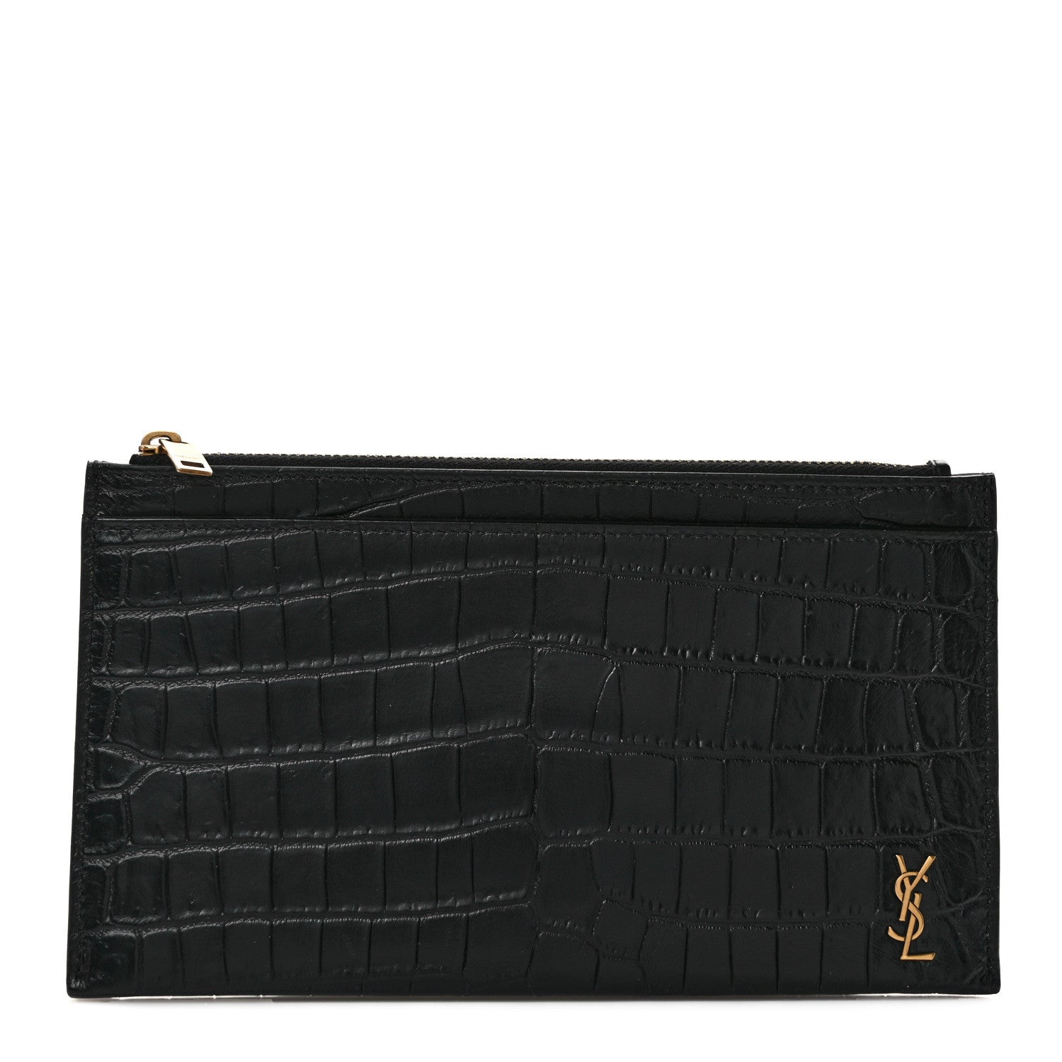 Saint Laurent Calfskin Crocodile Embossed Monogram Bill Pouch Black 1 of 7