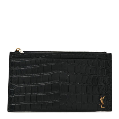Saint Laurent Calfskin Crocodile Embossed Monogram Bill Pouch Black 1 of 7
