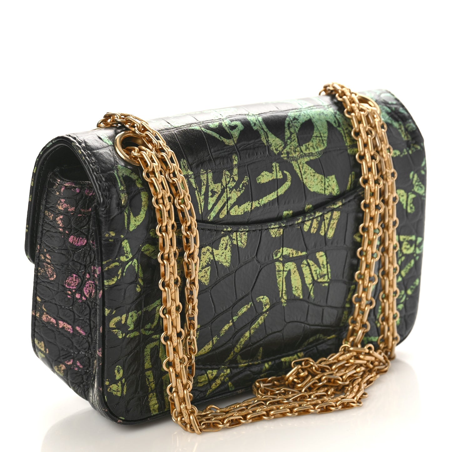 Calfskin Crocodile Embossed Graffiti 2.55 Mini Cocodile Reissue Flap Black Pink
