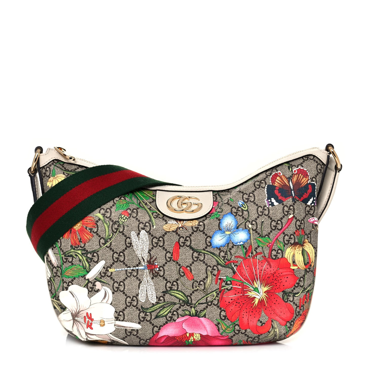 GG Supreme Monogram Flora Web Small Ophidia Half Moon Hobo White