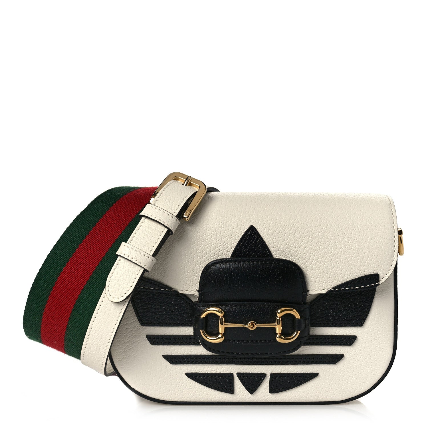 Gucci X ADIDAS Textured Dollar Calfskin Web Trefoil Mini Horsebit 1955 Shoulder Bag Off White Black 1 of 11