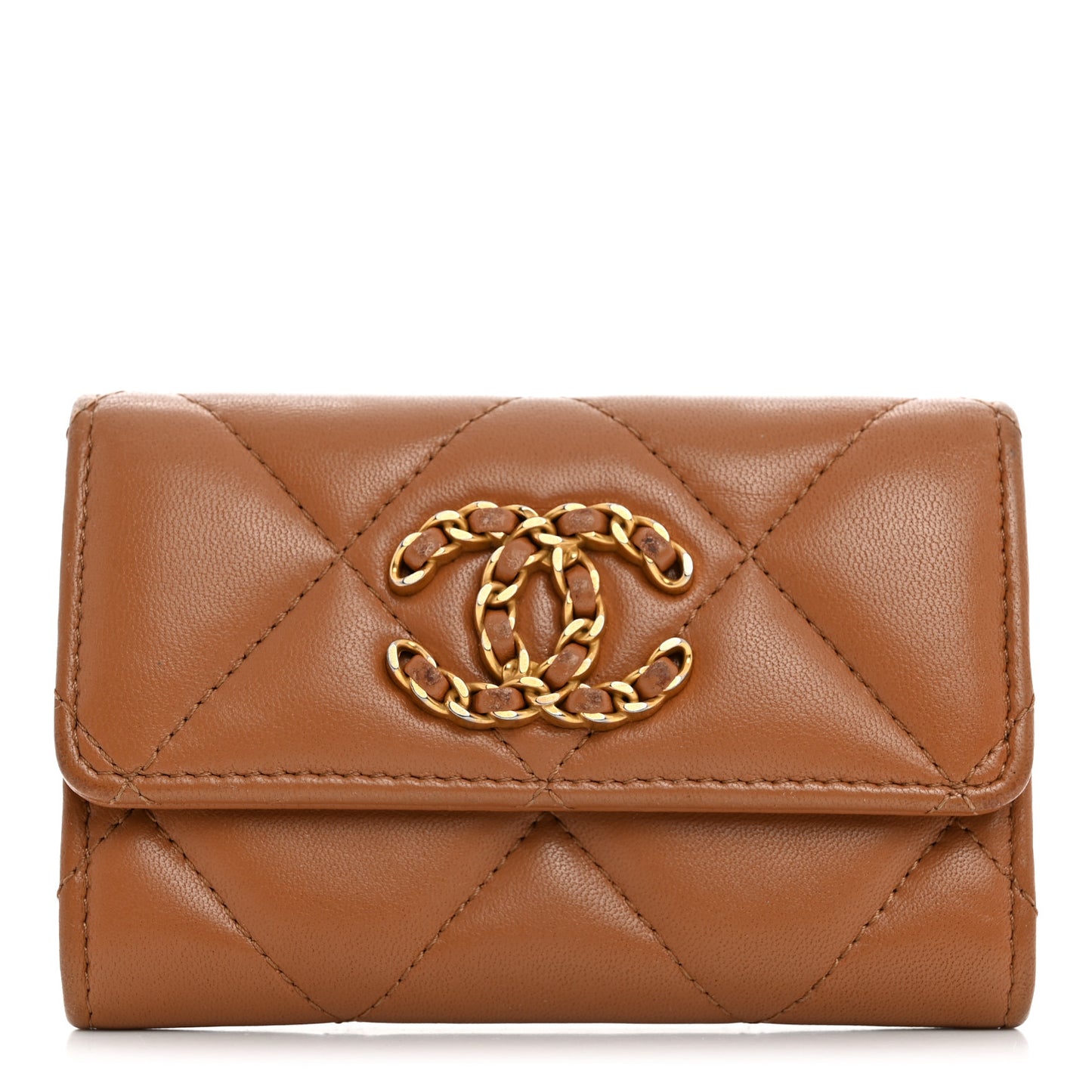 Lambskin Quilted Chanel 19 Flap Card Holder Brown