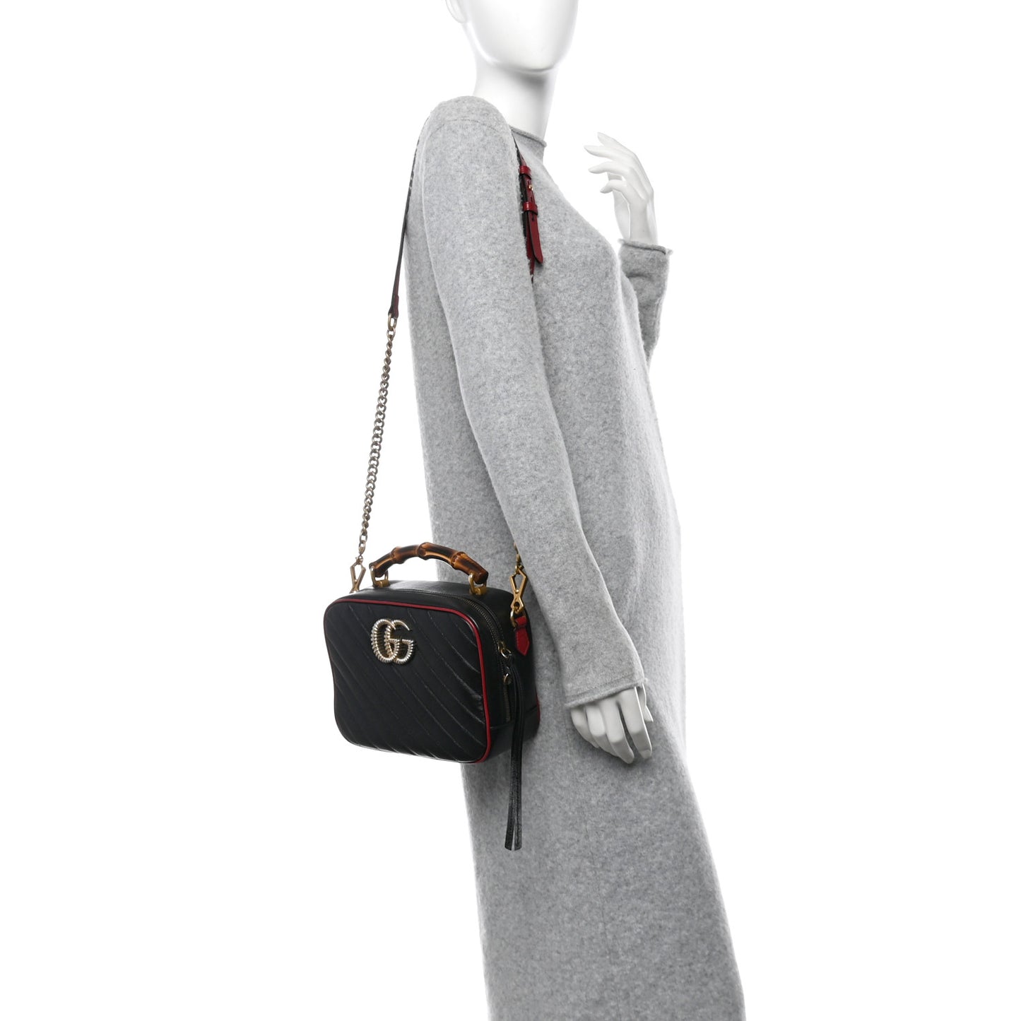 Vintage Effect Calfskin Matelasse Diagonal Small Torchon GG Marmont Bamboo Top Handle Shoulder Bag Black Romantic Cherry