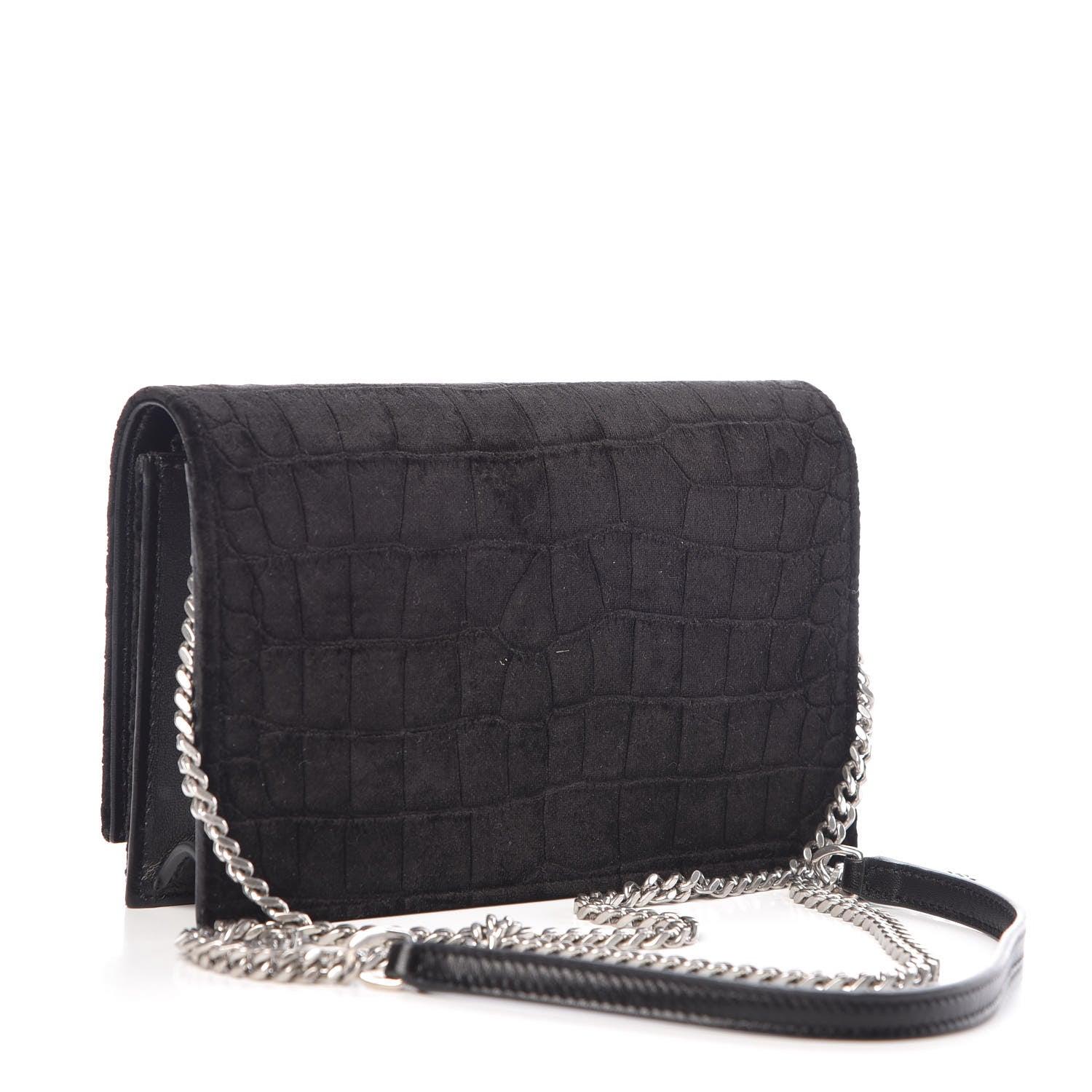 Saint Laurent Suede Crocodile Embossed Monogram Tassel Chain Wallet Black Silver 3 of 8