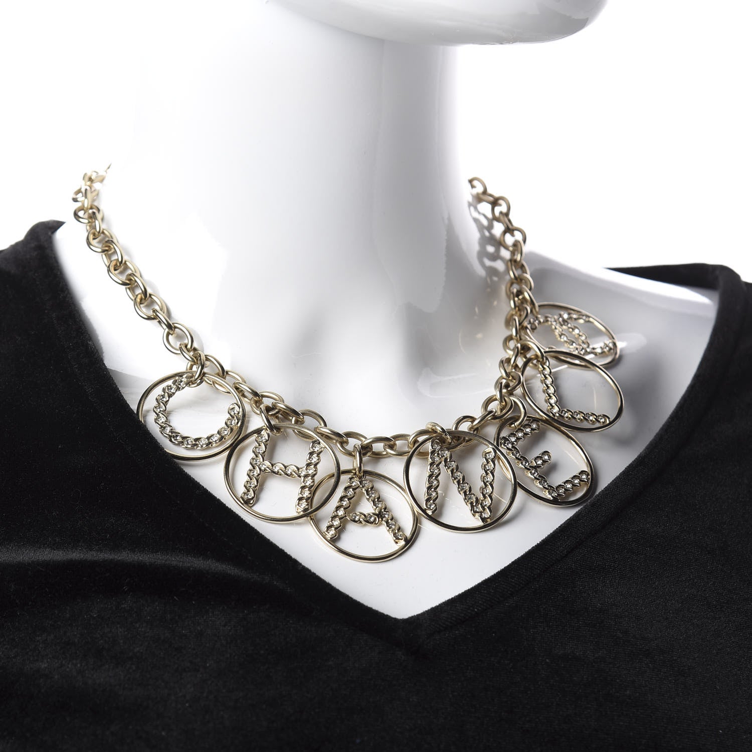 Chanel Metal Strass Crystal Logo Necklace Gold 3 of 11