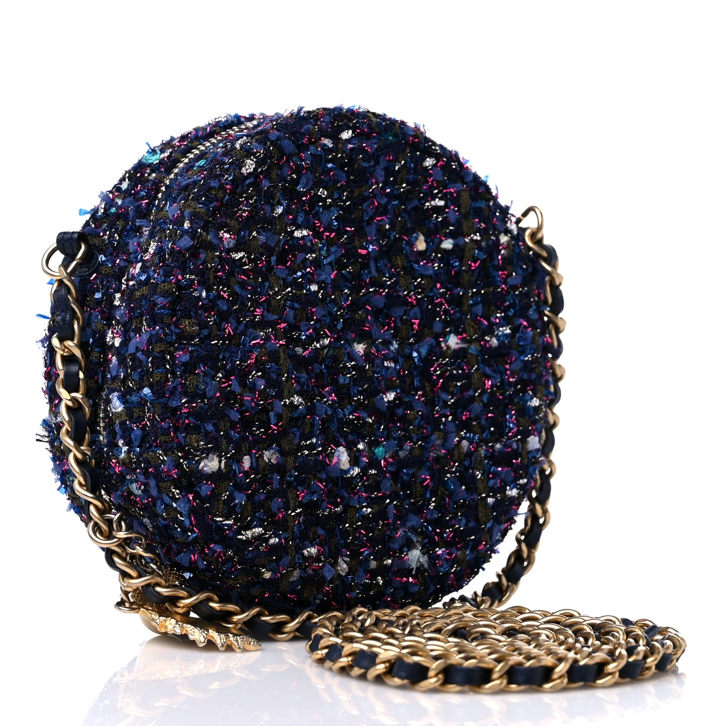 Tweed Quilted Round Clutch With Chain Multicolor