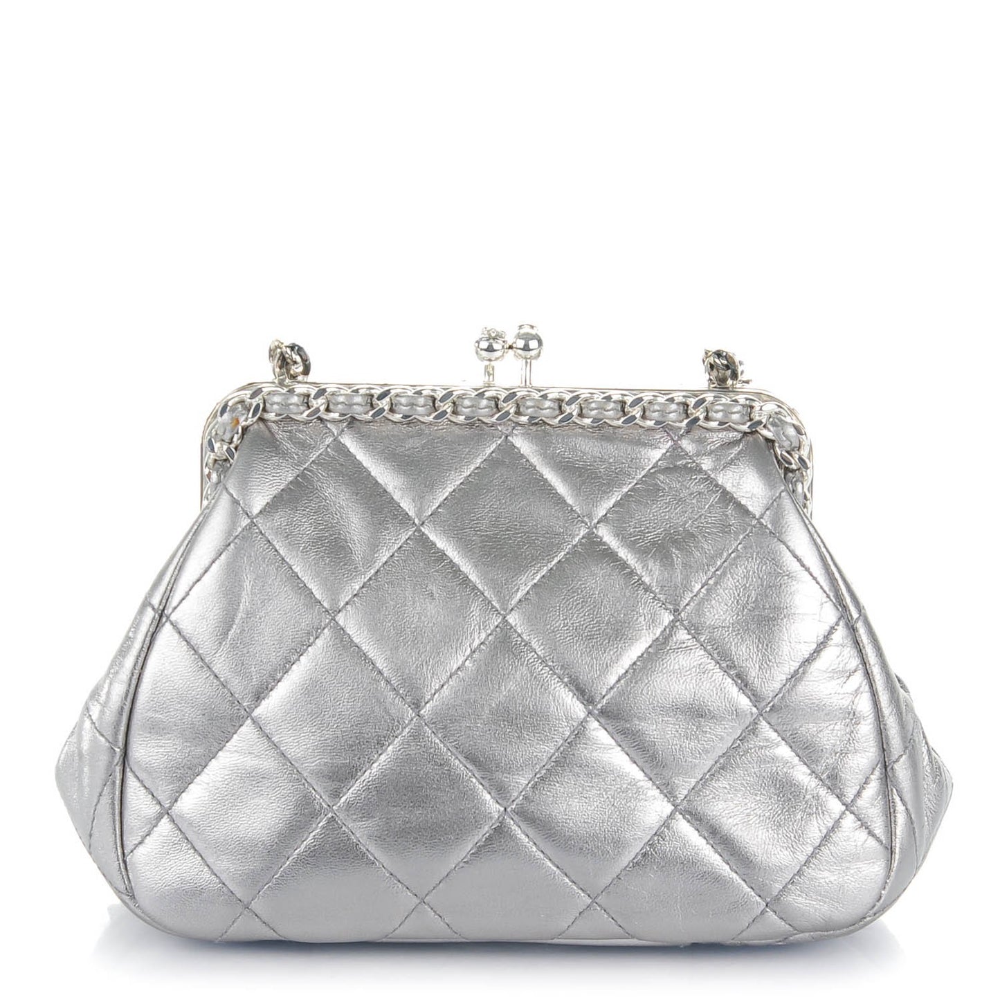 Metallic Lambskin Quilted Mini Kisslock Evening Bag Silver