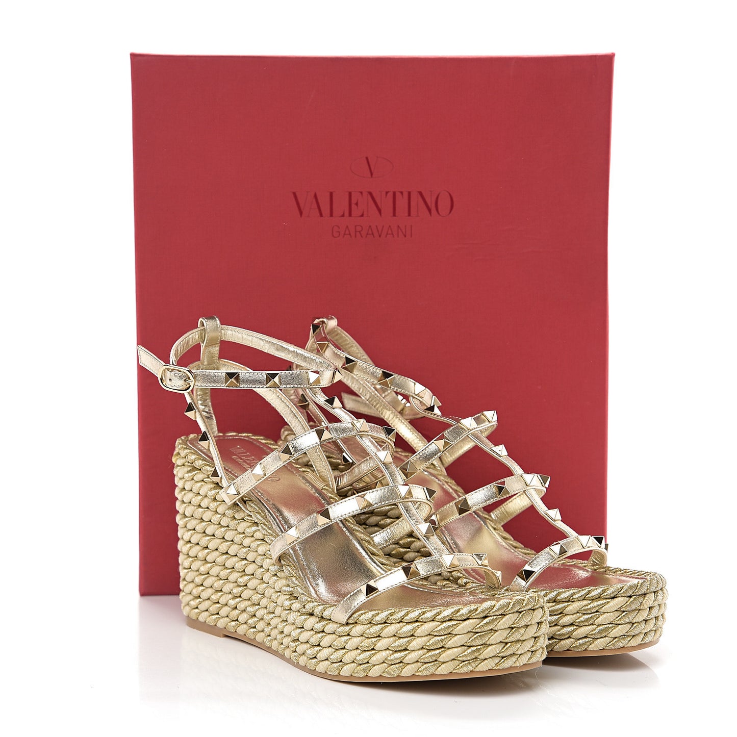 Metallic Nappa Rockstud Ankle Strap Torchon Espadrille Caged 25/95mm Wedge Sandals 41 Platino