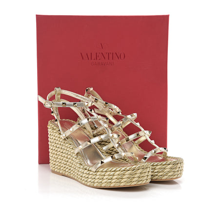 Valentino Garavani Metallic Nappa Rockstud Ankle Strap Torchon Espadrille Caged 25/95mm Wedge Sandals 41 Platino 8 of 8