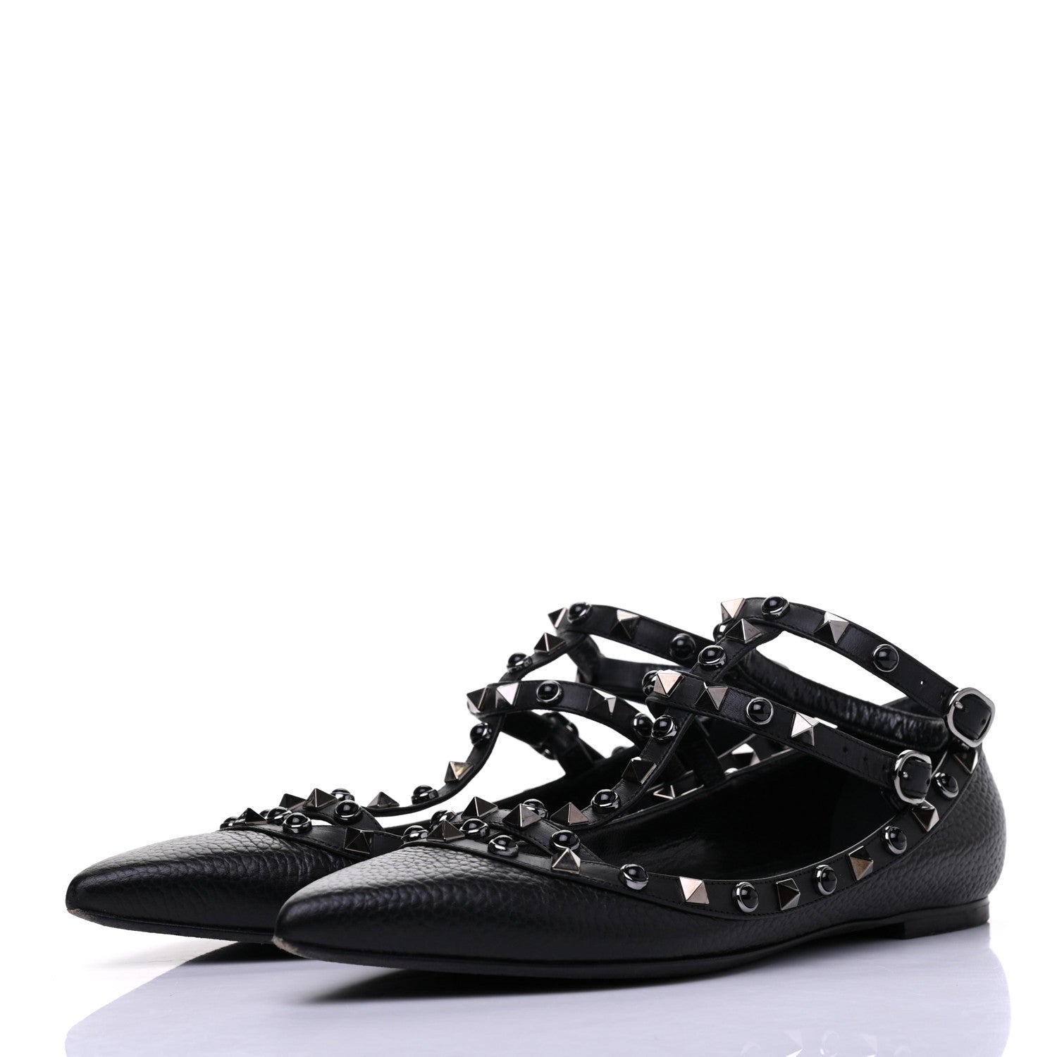 Valentino Garavani Pebbled Calfskin Onyx Rockstud Rolling Cage Ballerina Flats 38 Black 6 of 18