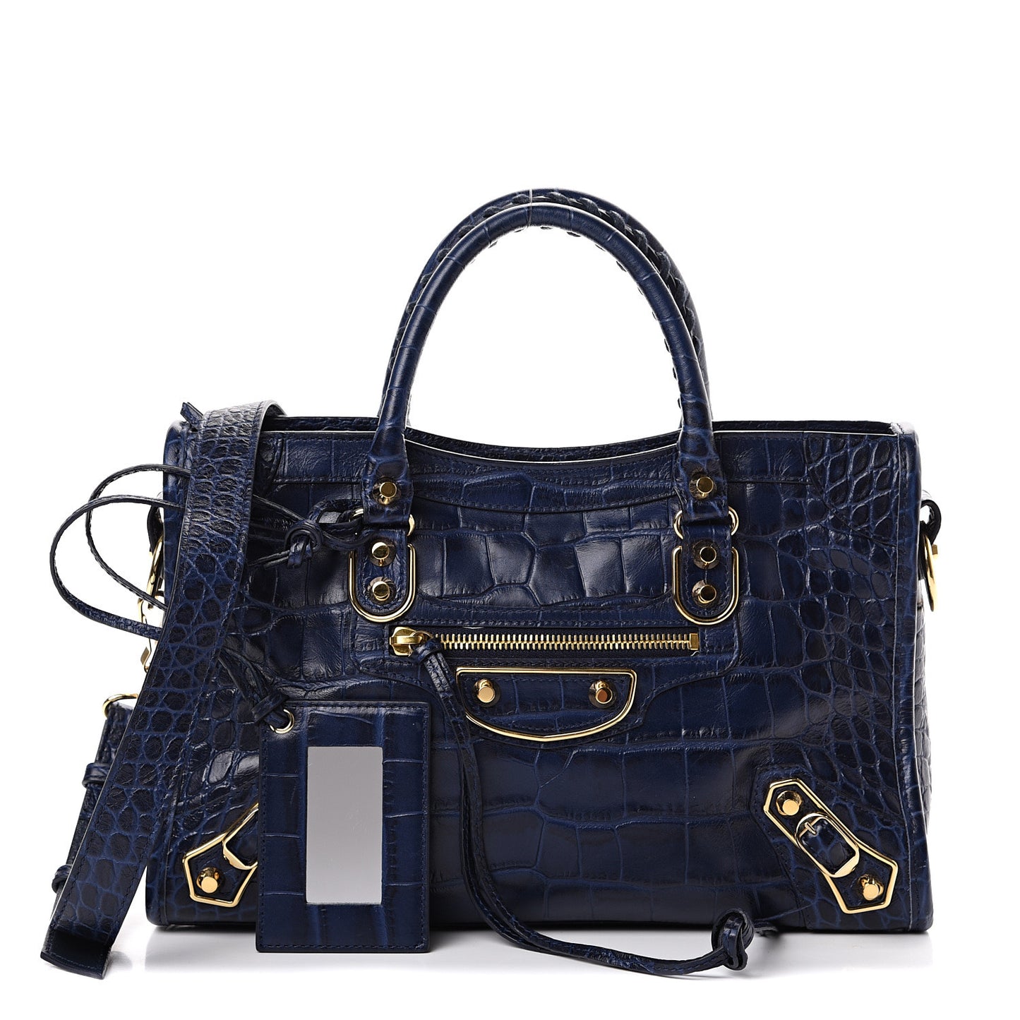 Calfskin Crocodile Embossed Gold Metallic Edge Hardware S City Bleu