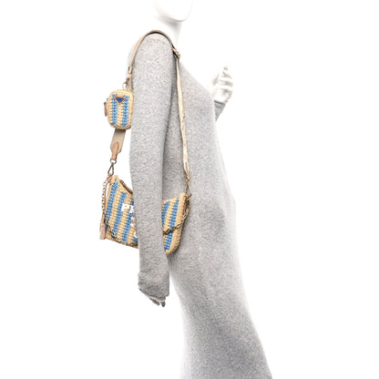 Prada Yarn Raffia Effect Crochet Striped Re-Edition 2005 Shoulder Bag Naturale Celeste 2 of 11