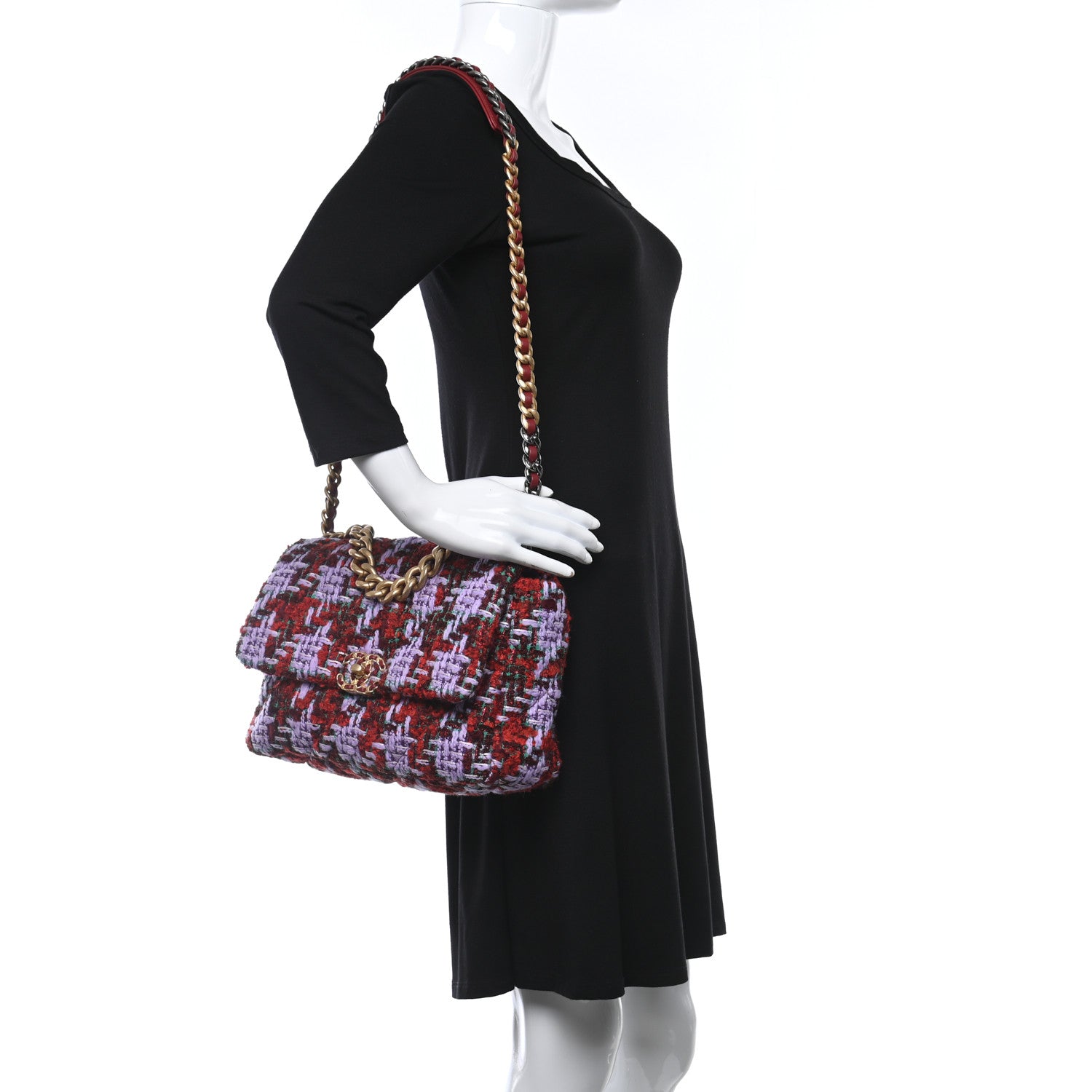 Chanel Tweed Quilted Large Chanel 19 Flap Red Purple Green 3 of 9