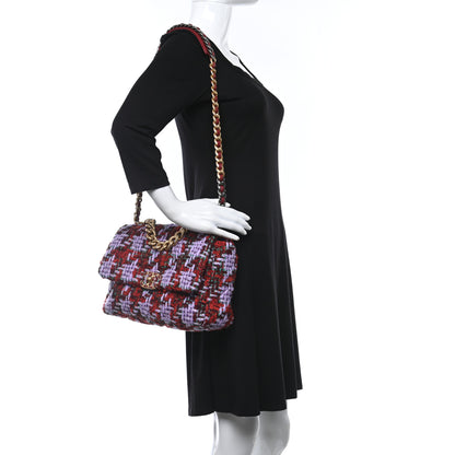 Chanel Tweed Quilted Large Chanel 19 Flap Red Purple Green 3 of 9