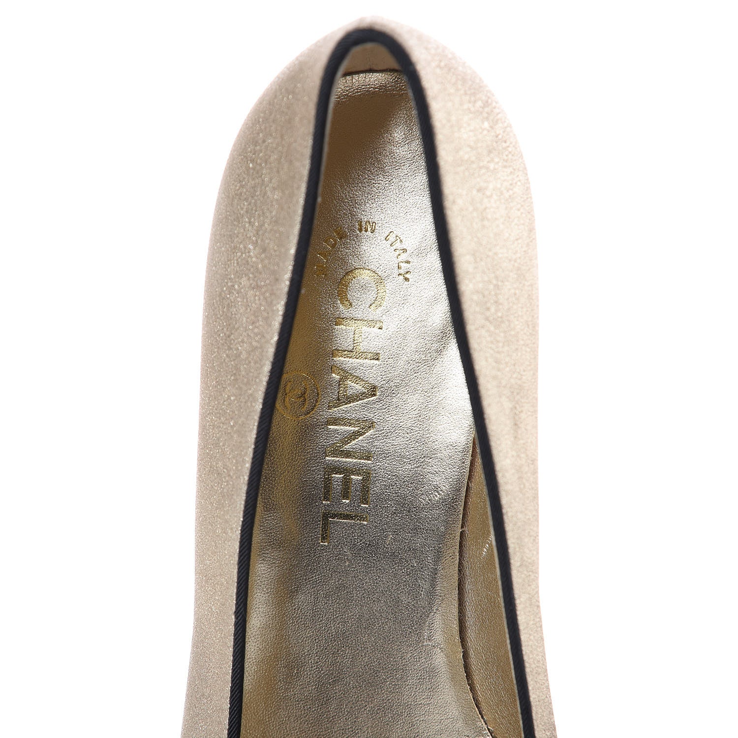 Chanel Metallic Lambskin Grosgrain Cap Toe Pearl Pumps 37.5 Gold Black 7 of 9
