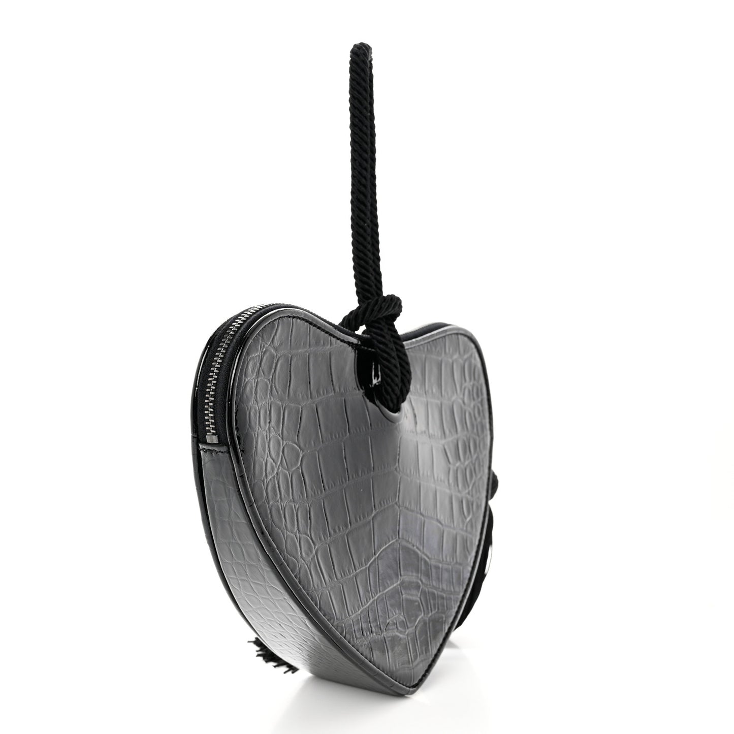 Patent Crocodile Embossed Sac Coeur Heart Shaped Clutch Black