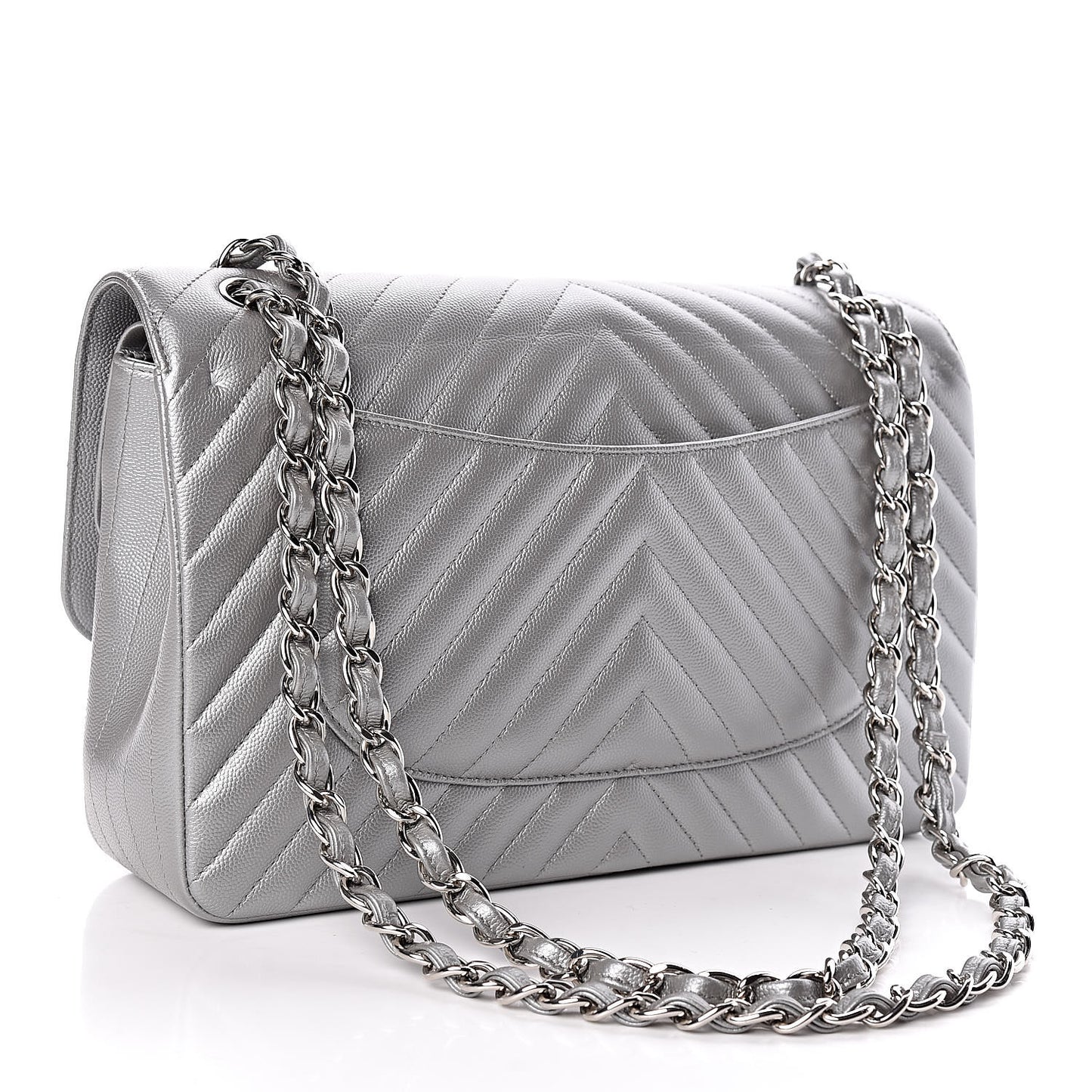 Metallic Caviar Chevron Quilted Jumbo Double Flap Silver