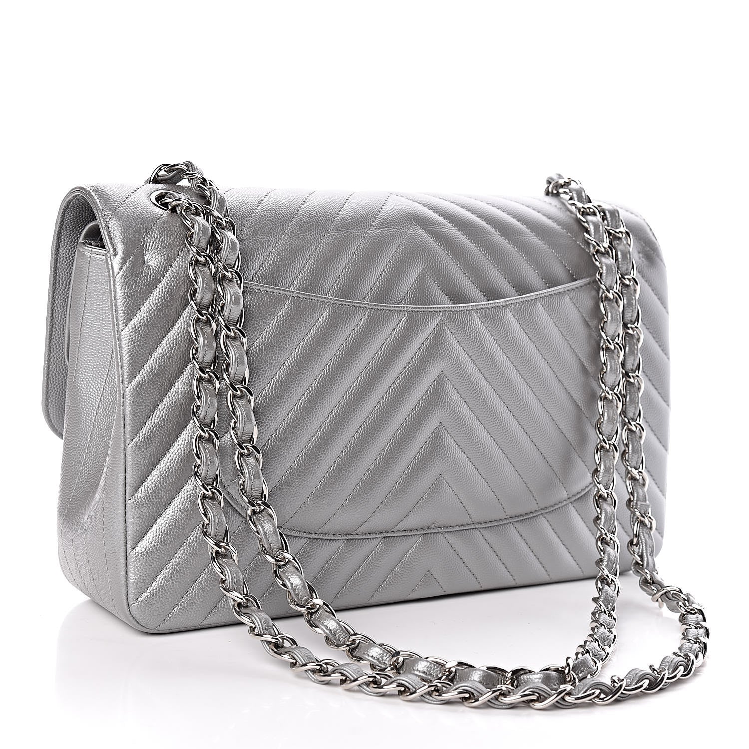 Chanel Metallic Caviar Chevron Quilted Jumbo Double Flap Silver 3 of 11