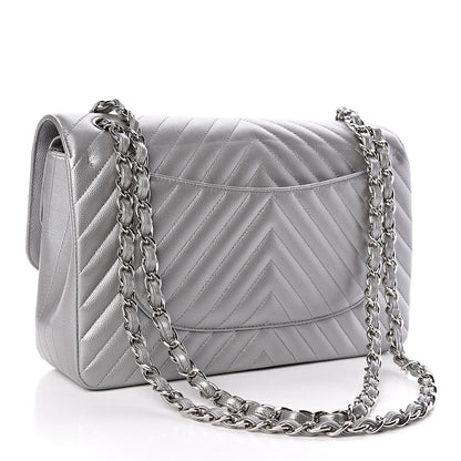 Chanel Metallic Caviar Chevron Quilted Jumbo Double Flap Silver 3 of 11