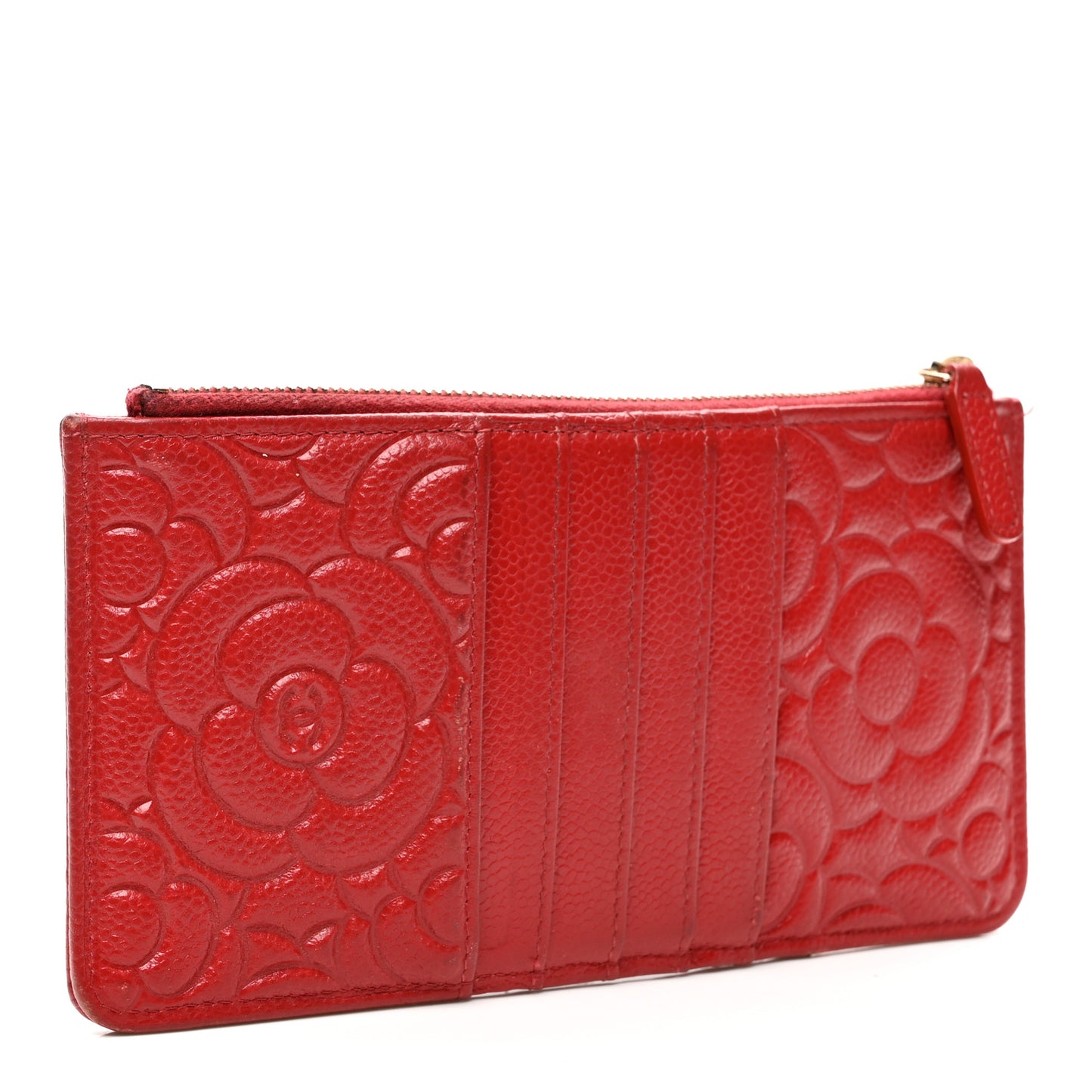 Caviar Camellia Embossed Classic Flat Wallet Pouch Red