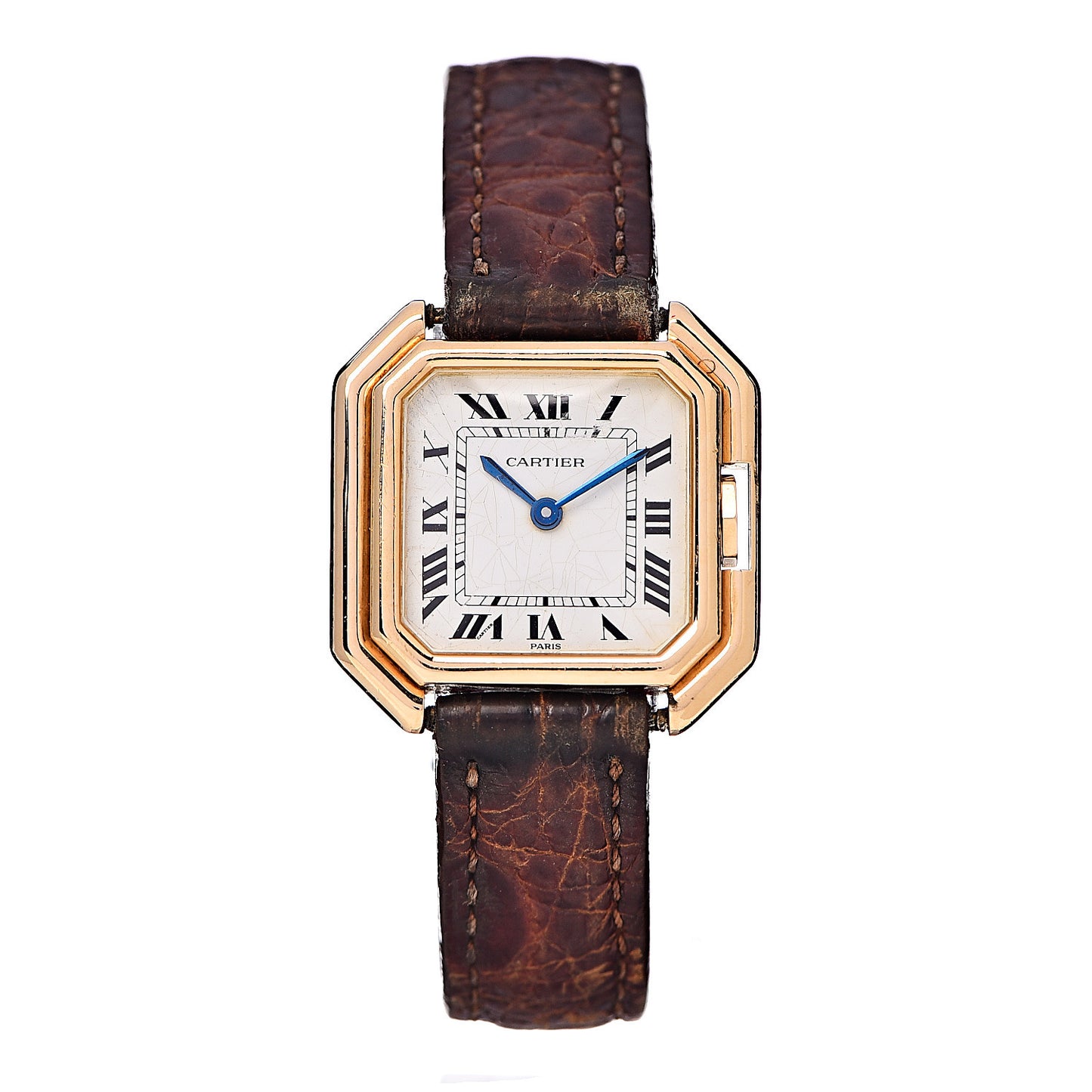 18K Yellow Gold Alligator 20mm Ceinture Octagonal Quartz Watch Brown