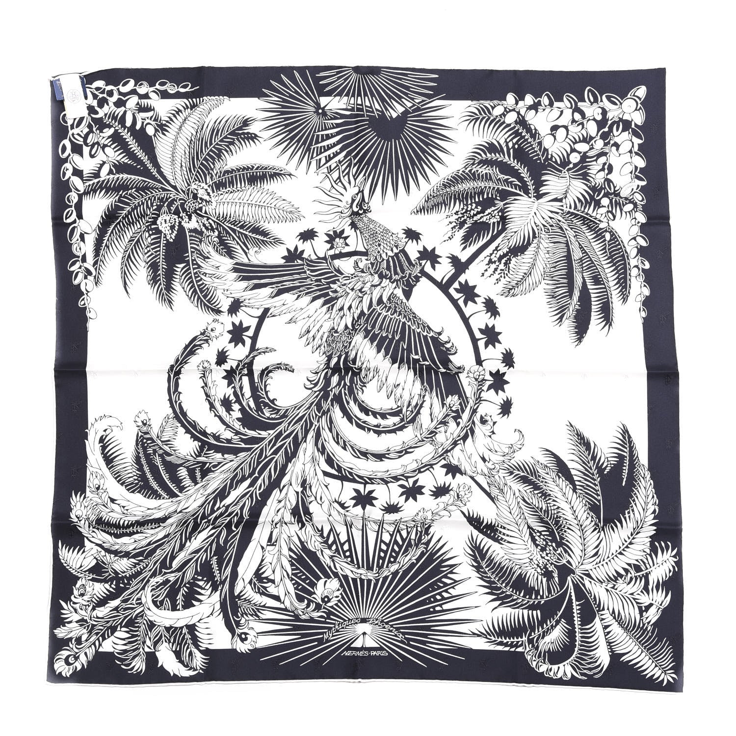 Hermes Silk Mythiques Phoenix Tattoo Scarf 70 Bleu Black White 1 of 4